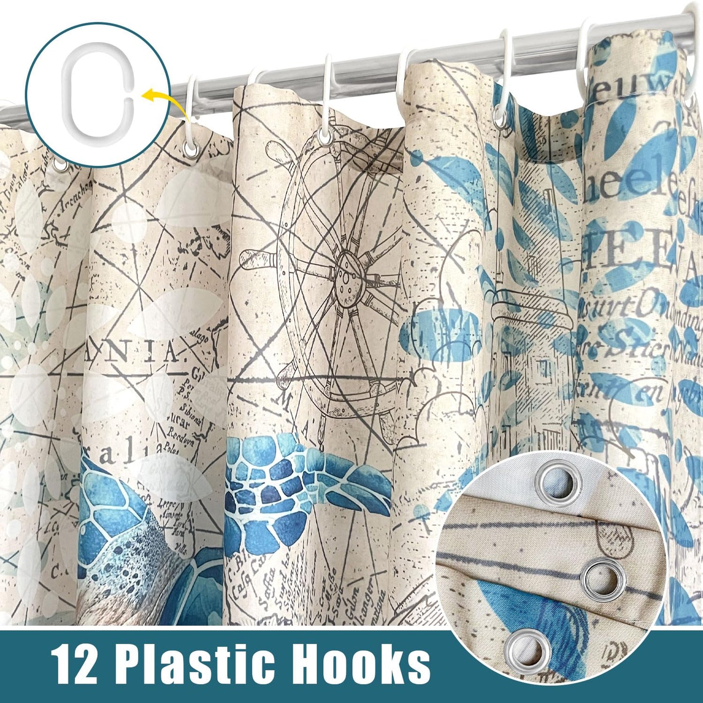 AMLabubu Blue Sea Turtles Nautical Shower Curtain Set, Ocean Beach Boho Bathroom Decor, Polyester Cloth Fabric Bath Curtain with 12 Hooks 72" W x 72" L