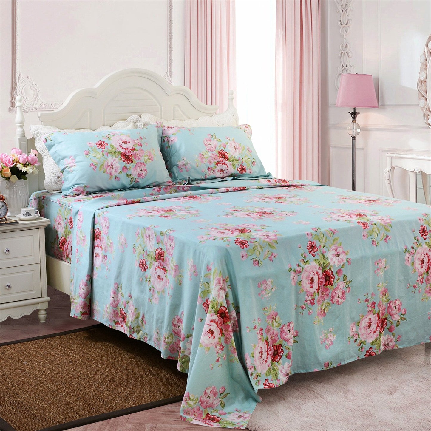 FADFAY Shabby Pink Floral Bed Sheet Set Cotton Deep Pocket Sheets 4-Piece King Size