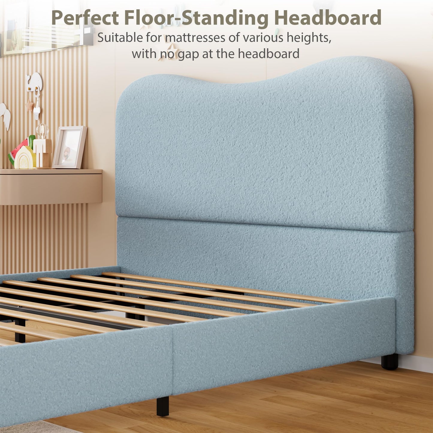GarveeHome Boucle Full Size Bed Frame with Upholstered Headboard, Soft Low Profile Sturdy Platform Bed with Rounded Corners Design, Heavy Duty, Wooden Slats, Noise Free, No Box Spring Needed, Blue