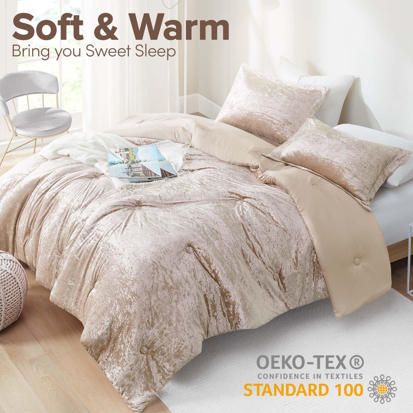Comfort Spaces Luxe Queen Comforter Set Velvet Comforters for Queen Size Bed, Microfiber Reverse, Juliette, All Season Velvet Bedding Queen Size, Fluffy Bed Set, Sham, Full/Queen, Champagne 3 Piece