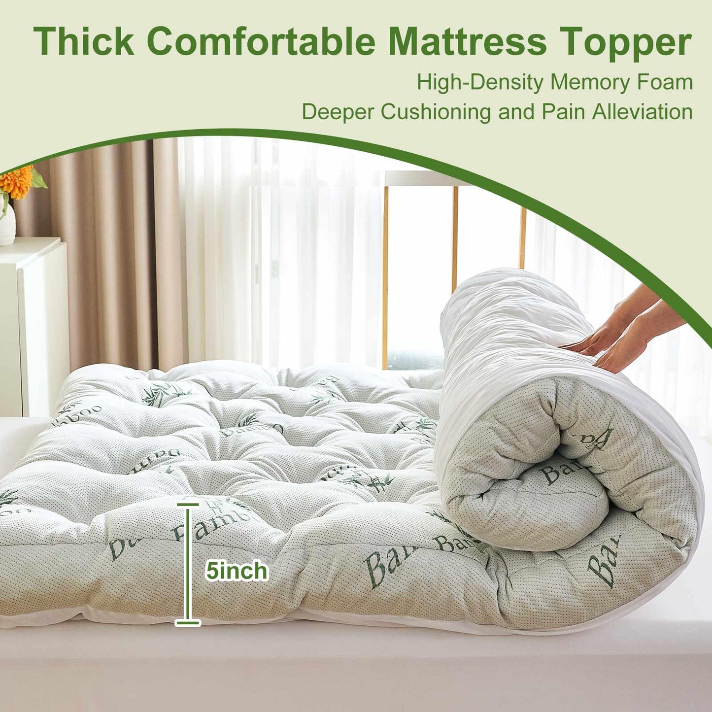 Whatsbedding Memory Foam Mattress Topper Twin Size, 5 Inches Slow Rebound Memory Foam Topper with Cooling Viscose Made from Bamboo Cover, Deep Pocket Designed Mattress Topper