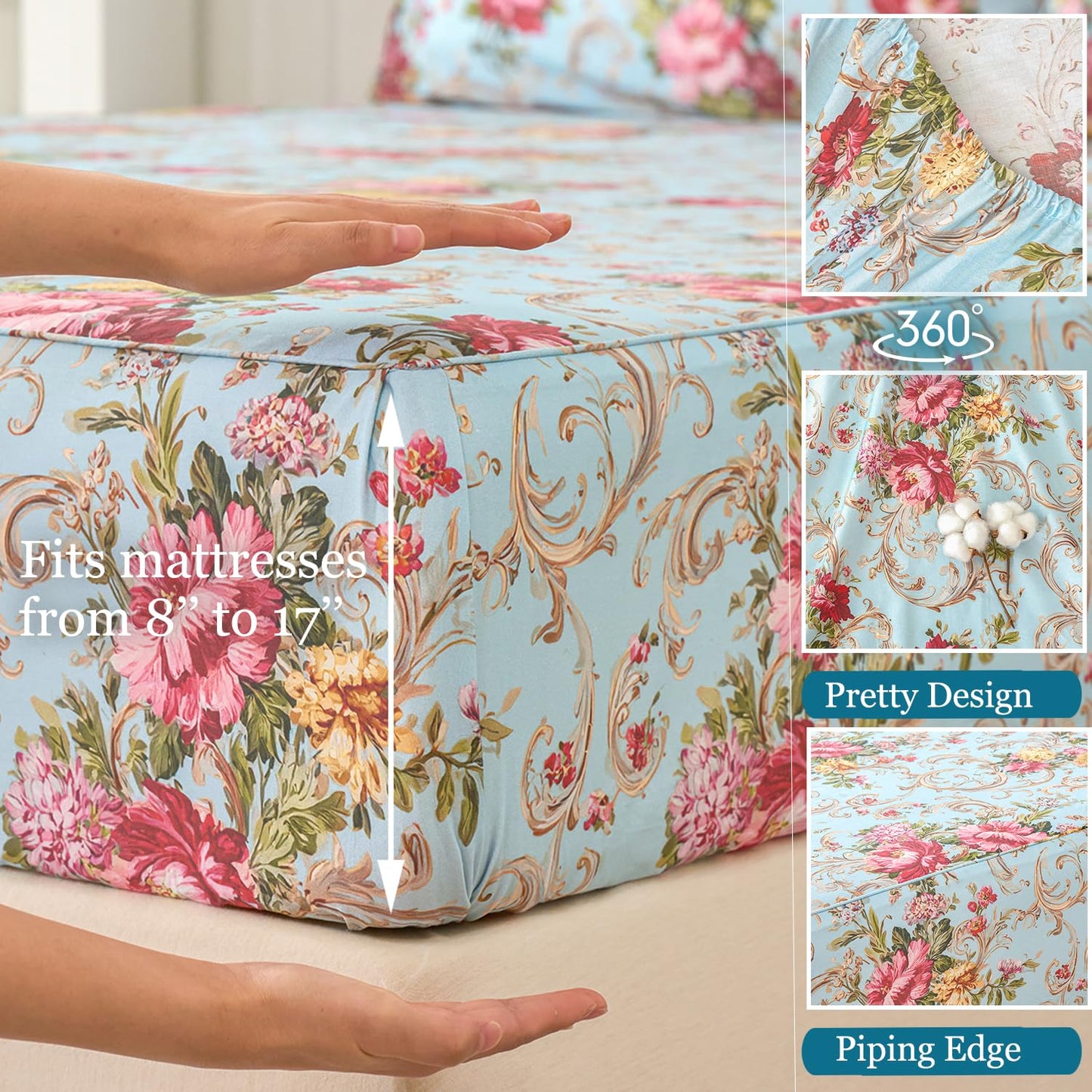 Zusbest Queen Sheet Set Blue Red Floral Bed Sheets 100% Cotton, Luxury Premium Bedding Breathable for Hot Sleepers American Country Style Shabby Vintage Flower Deep Pocket Bed Set 17.5‘’ 4Pcs