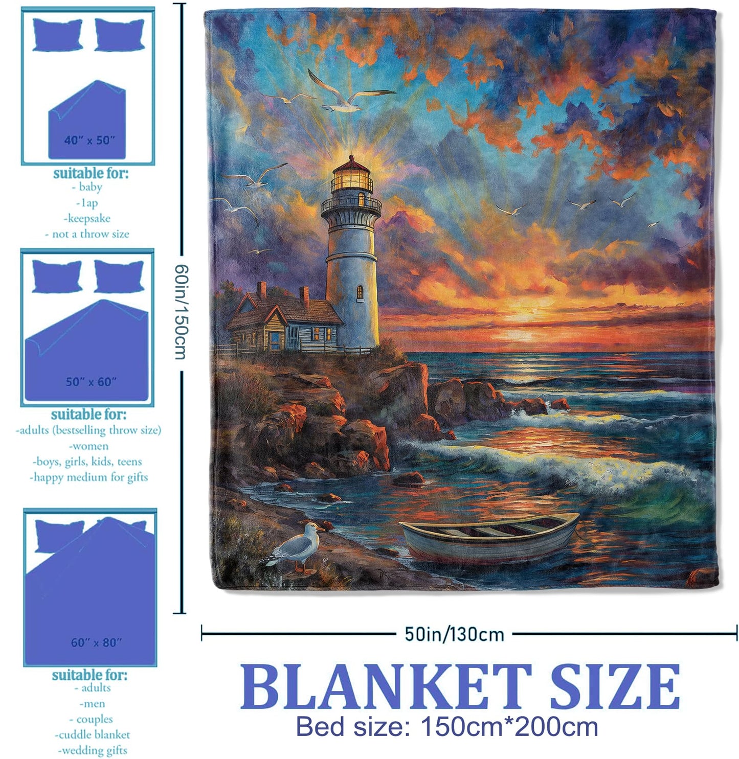 Plistiz Coastal Throw Blanket, 50x60 Inch, Nautical Themed, Sunset Lighthouse Scene with Seagulls, Flannel, Lighthouse Gifts