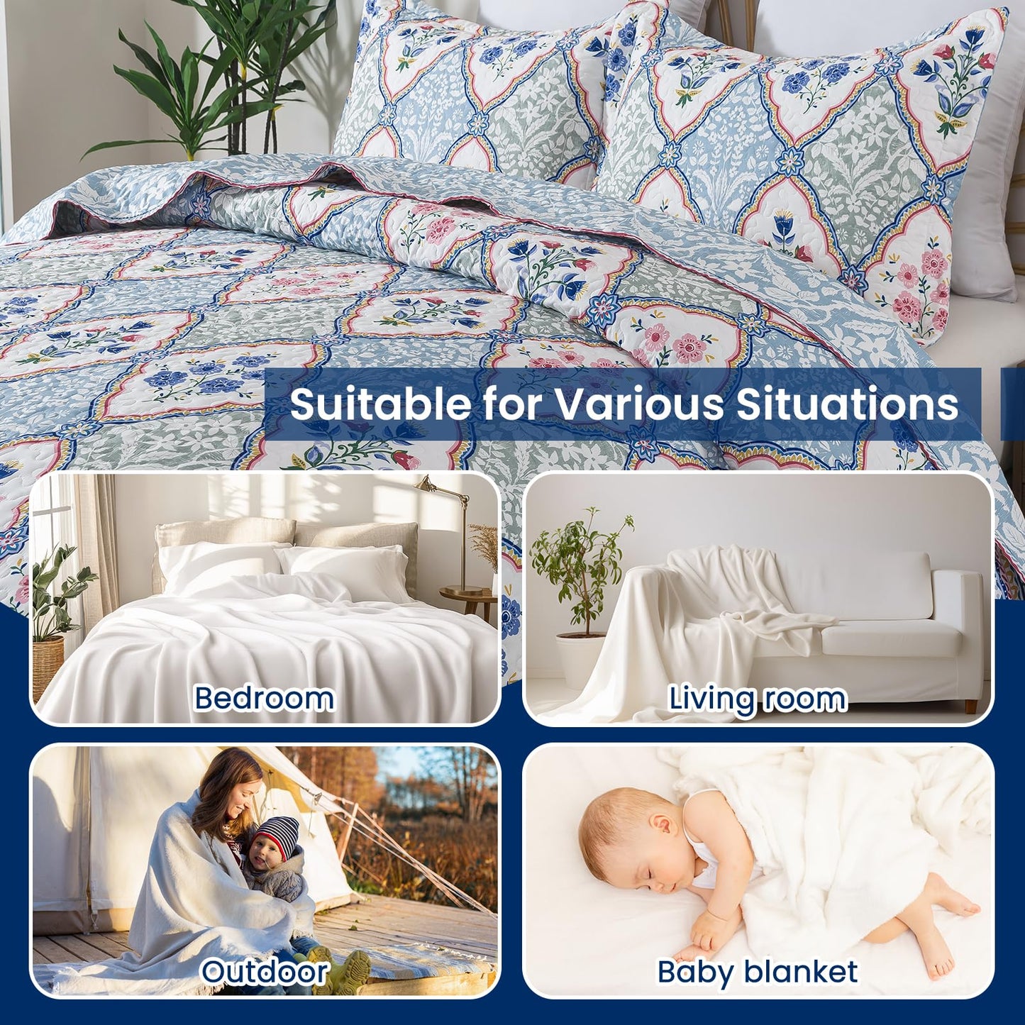 Etwel Lightweight Queen Size Quilt Set - Breathable Reversible Cotton Bedspread for Hot Sleepers, Farmhouse Floral Bedding Set with 2 Pillow Shams for All Season (90"x98", Light Blue Geometric)
