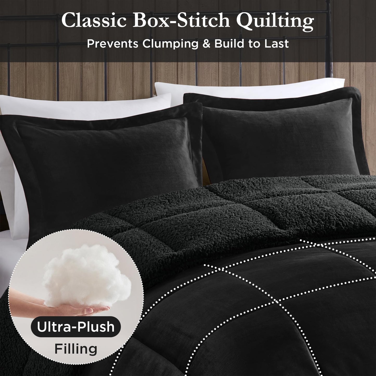 Woolrich Reversible Comforter Set Ultra Soft Plush to Sherpa, Down Alternative, Cold Weather Winter Warm Bedding, with Matching Sham, Decorative Pillow Black/Black Full/Queen 4 Piece