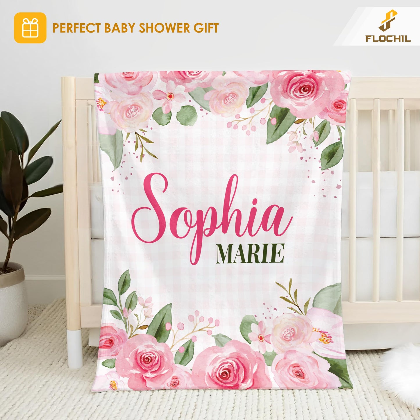 FLOCHIL Personalized Baby Blanket for Girls, Custom Baby Blanket with Name, Customized Floral Baby Blanket, Gift for Baby Shower, Toddler, Babies, Newborn