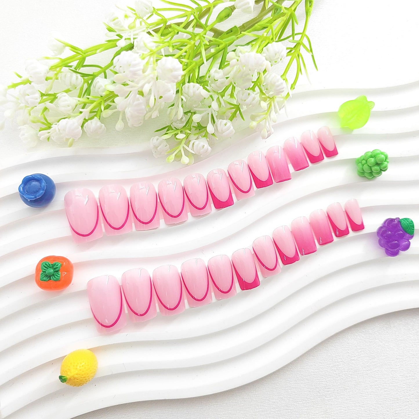 French Tip Press on Nails Medium Square Fake Nails Press ons with Rose Red Lines Gradient Design Glue on Nail Pink Full Cover Glossy Artificial Stick on Nail for Women 24Pcs
