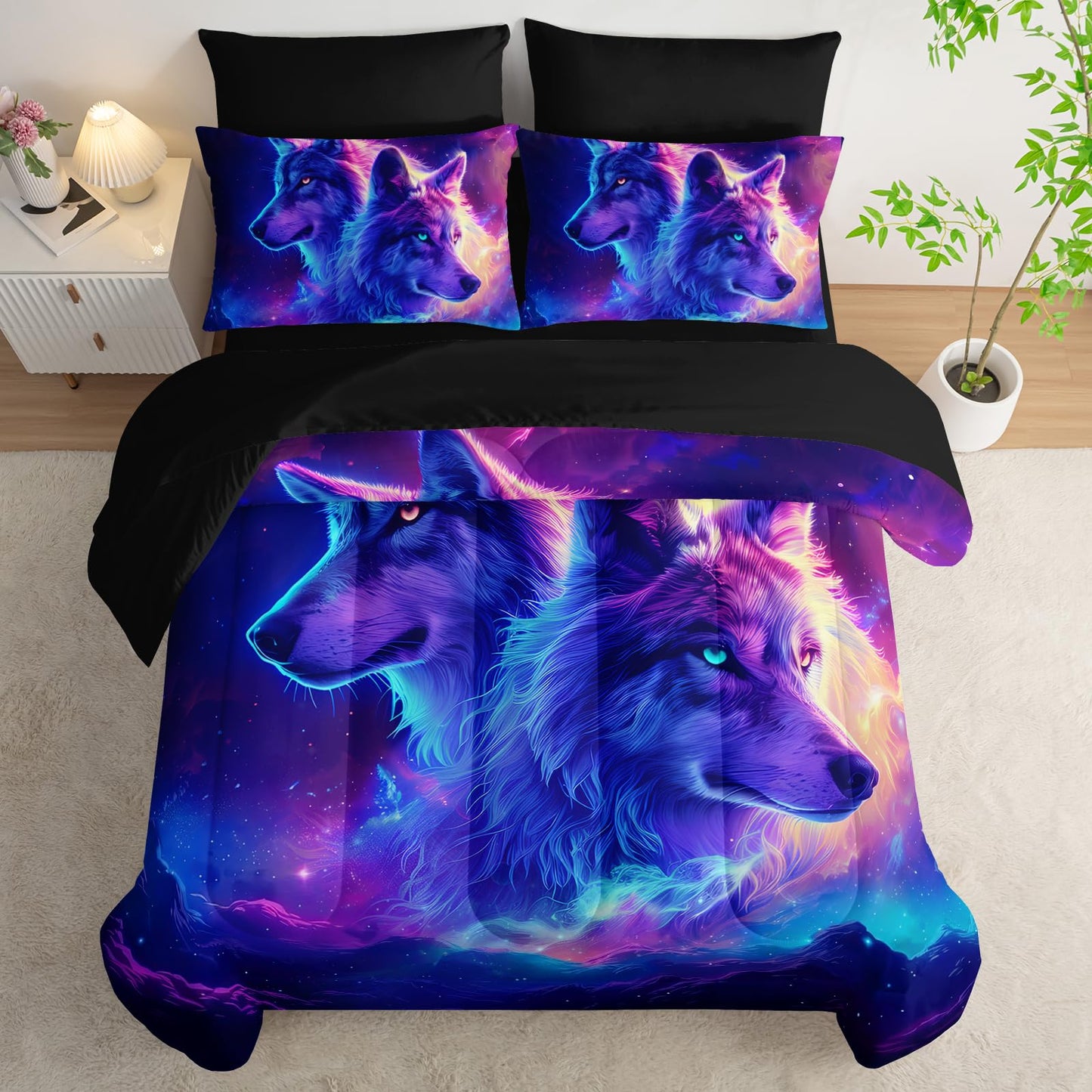 AILONEN Galaxy Wolves Comforter Set - 7Pcs Soft Twin Size Bed in a Bag - Neon Starry Wolf Comforter,Fitted Sheet,Flat Sheet,2 Pillowcases,2 Pillow Shams for Room Decor