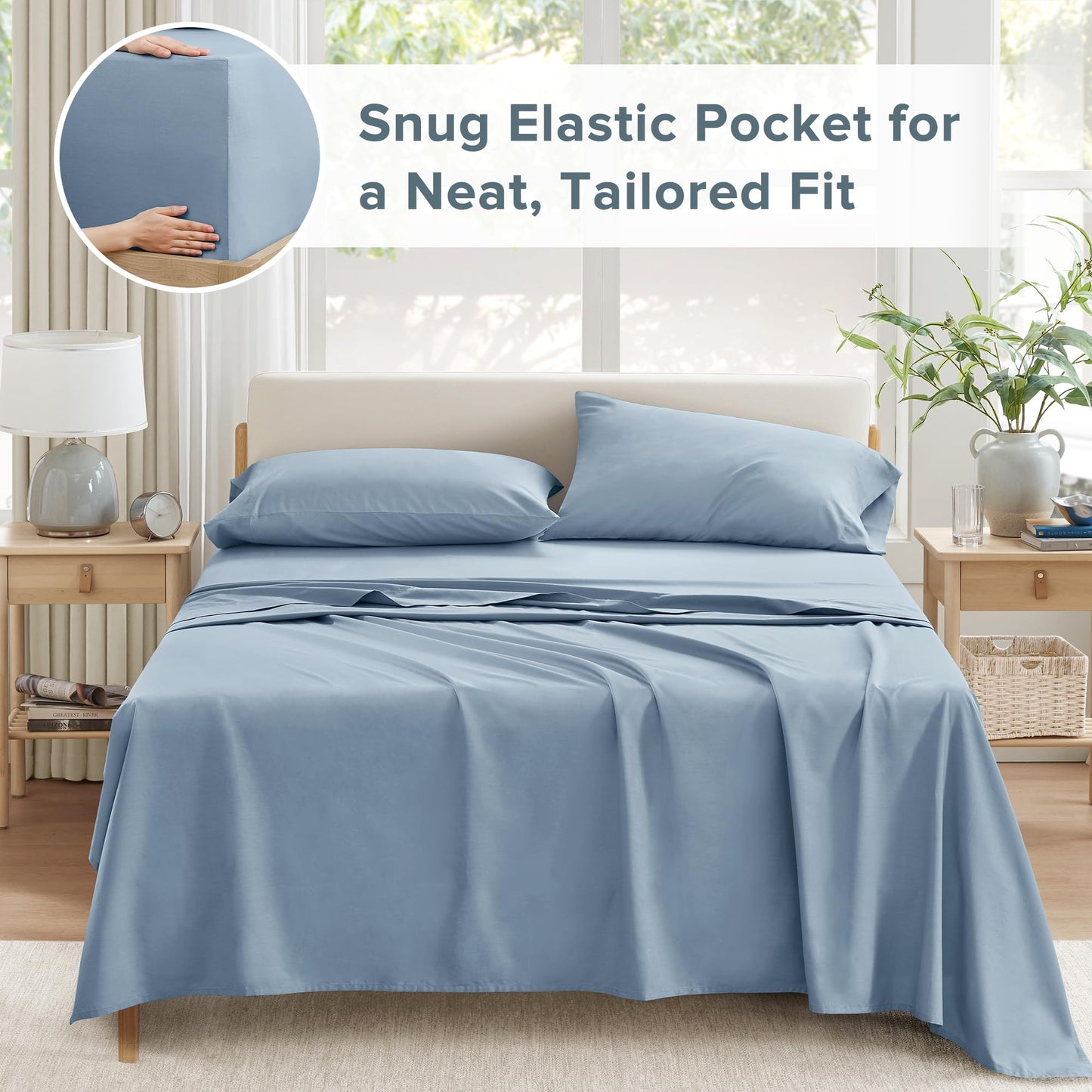 Comfort Spaces 100% Cotton Sheet Set Breathable, Lightweight, Soft with 14" Elastic Pocket Fits up to 16" Mattress, All Season Cozy Bedding, Matching Pillow Case, King Blue 4 Piece