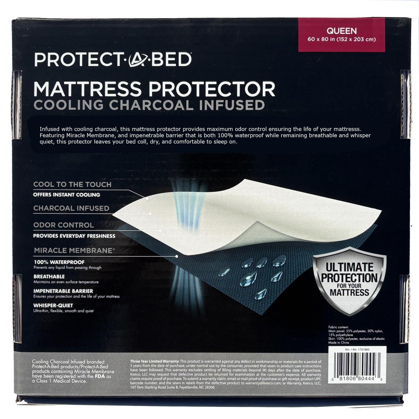 Cooling Charcoal Infused Mattress Protector, Protect-A-Bed, Waterproof, 5-Sided, Queen