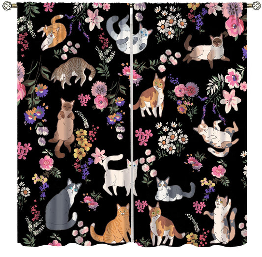Hazuff Cartoon Cat Girls Curtains,Natural Simple Watercolor Cute Pet Cat Animal Flower Windows Treatments Rod Pocket Drapes for Kids Living Room Bedroom Bathroom 42x44.5in