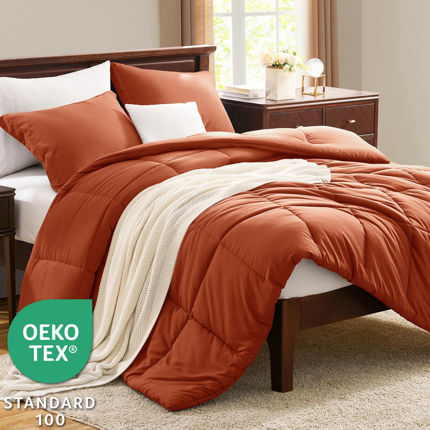 CozyLux Queen Comforter Set - 270GSM Terracotta Bedding Sets for All Seasons, 3 Pieces Box Stitched Bed Set with 1 Down Alternative Comforter and 2 Pillow Shams, Soft, Lightweight, Breathable