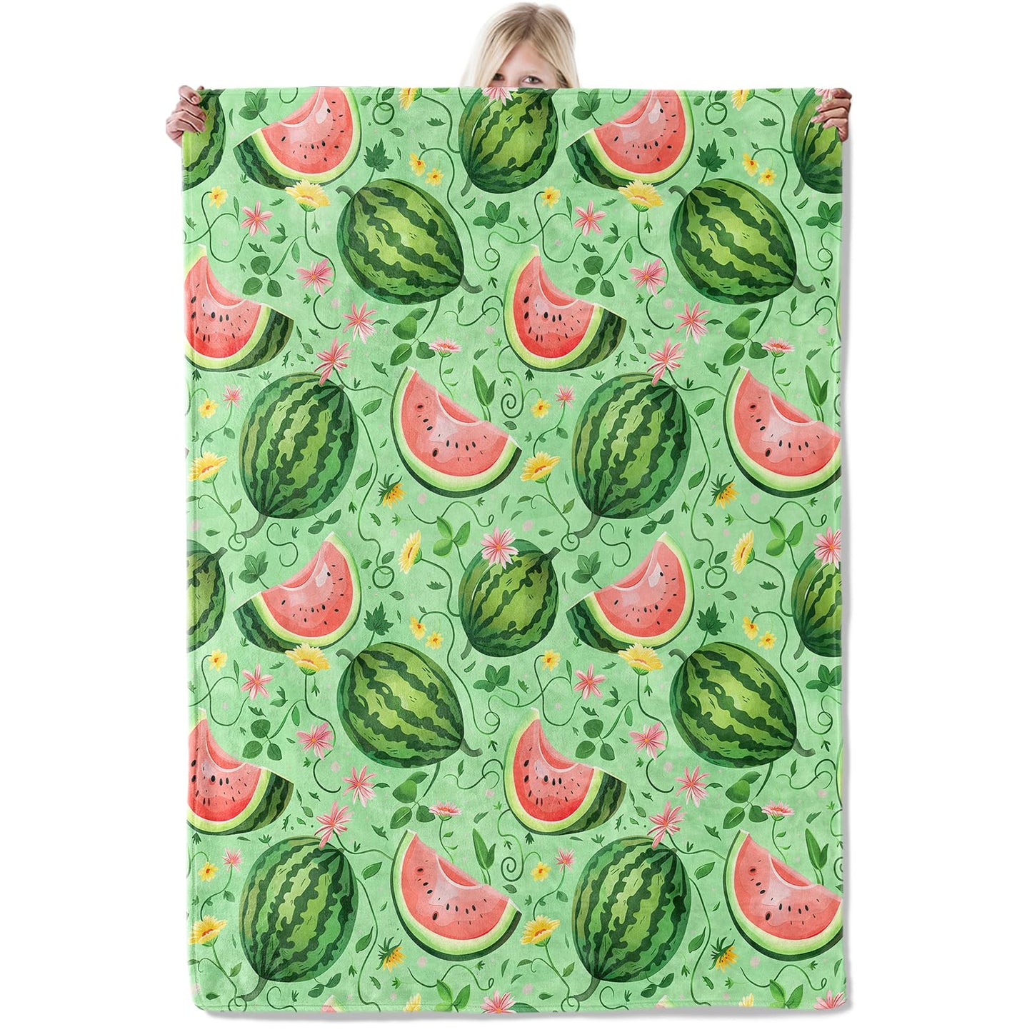 ICAAV Summer Watermelon Blanket 50×60 Inch,Whimsical Cartoon Fruit and Floral Lightweight Flannel Throw with Light Green Background,Beach Cute Home Picnic Decor,Gifts for Girls,Women