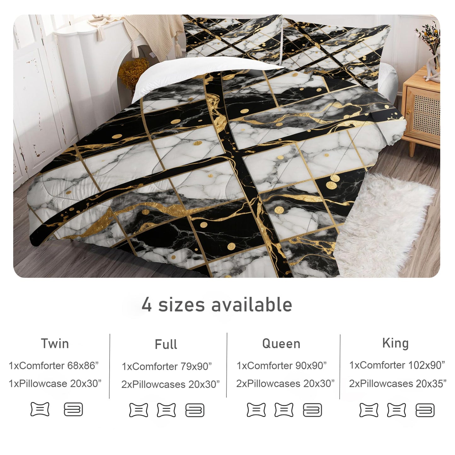 EDGZKO White Marble Comforter Set: Twin Size Geometric Black and Gold Bedding Sets Abstract Marbling Quilts for Teens Kids Modern Aesthetic Bed Set 1 Comforter & 1 Pillowcase
