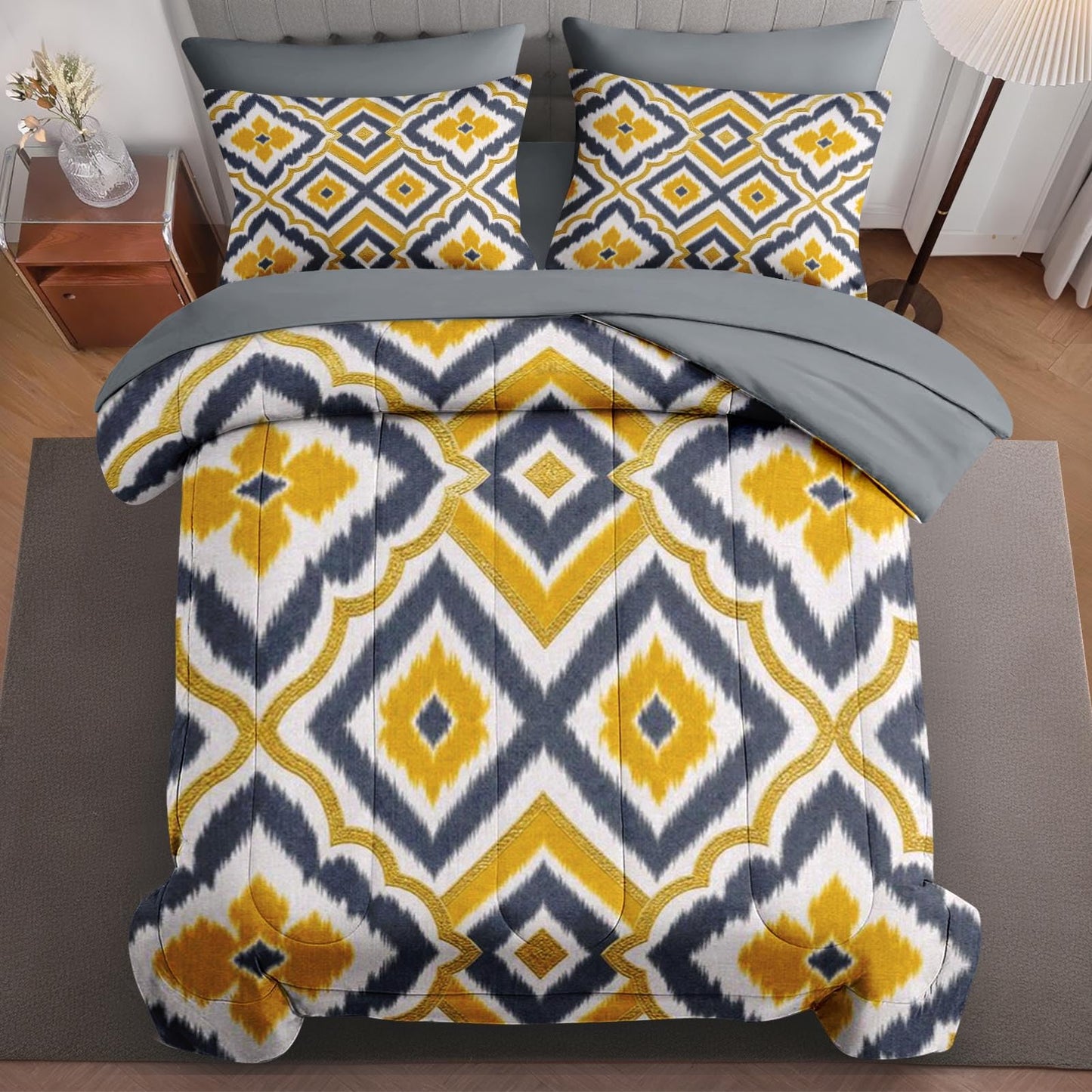 Boewywh Comforter Set Twin Size Geometric Yellow Gold 7 Pcs, Bedding for Kids and Adults, Grey Boho Bed Sheet Sets with Fitted Sheet 2 Pillowcases & 2 Shams for Bedroom Bed Decor