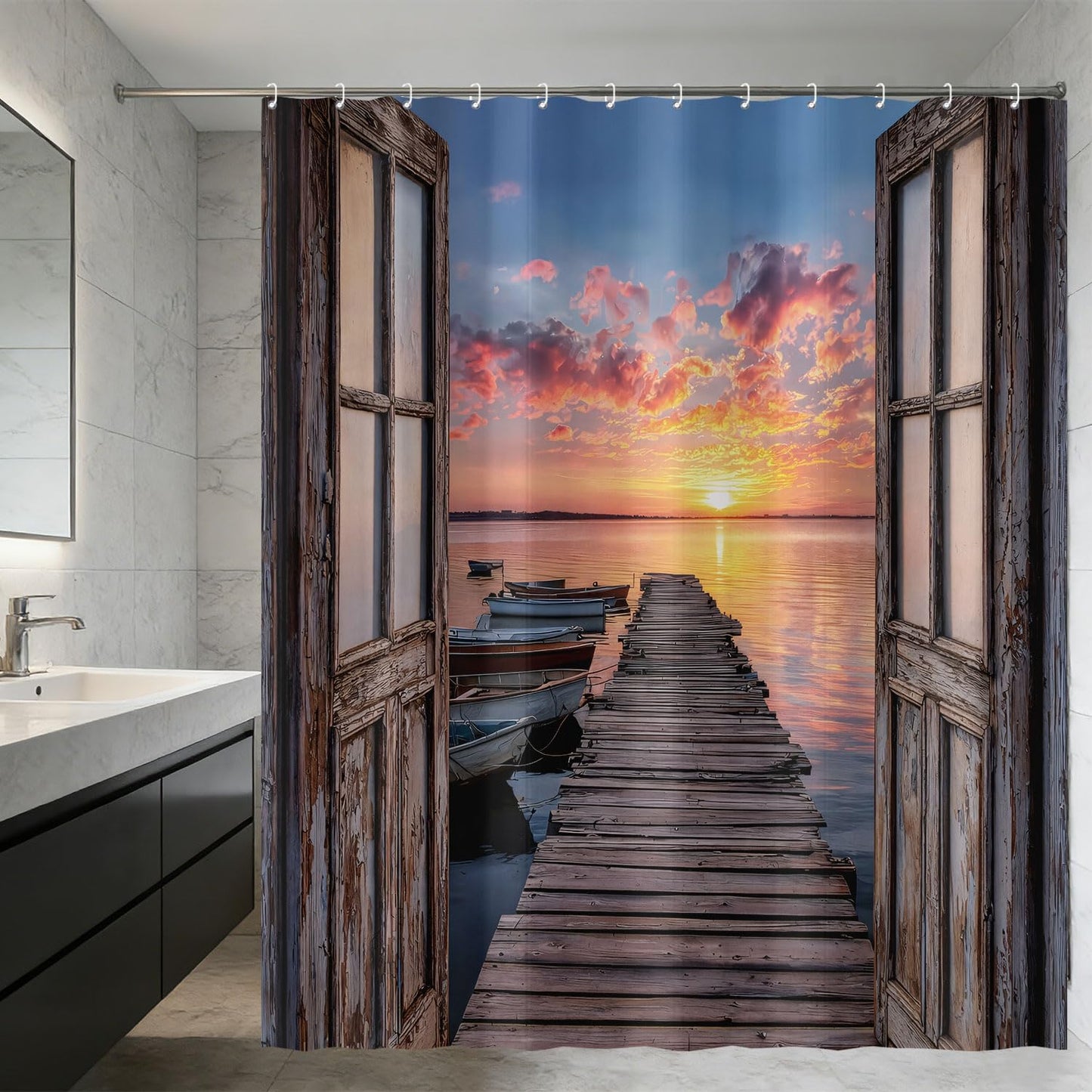 Coastal Beach Barn Door Shower Curtain, Nautical Ocean Seashore Sunset Decorative Waterproof Fabric Shower Curtain for Bathroom, Seaside Sunrise Pier Seascape Rustic Bath Curtain Set with Hooks72x72in