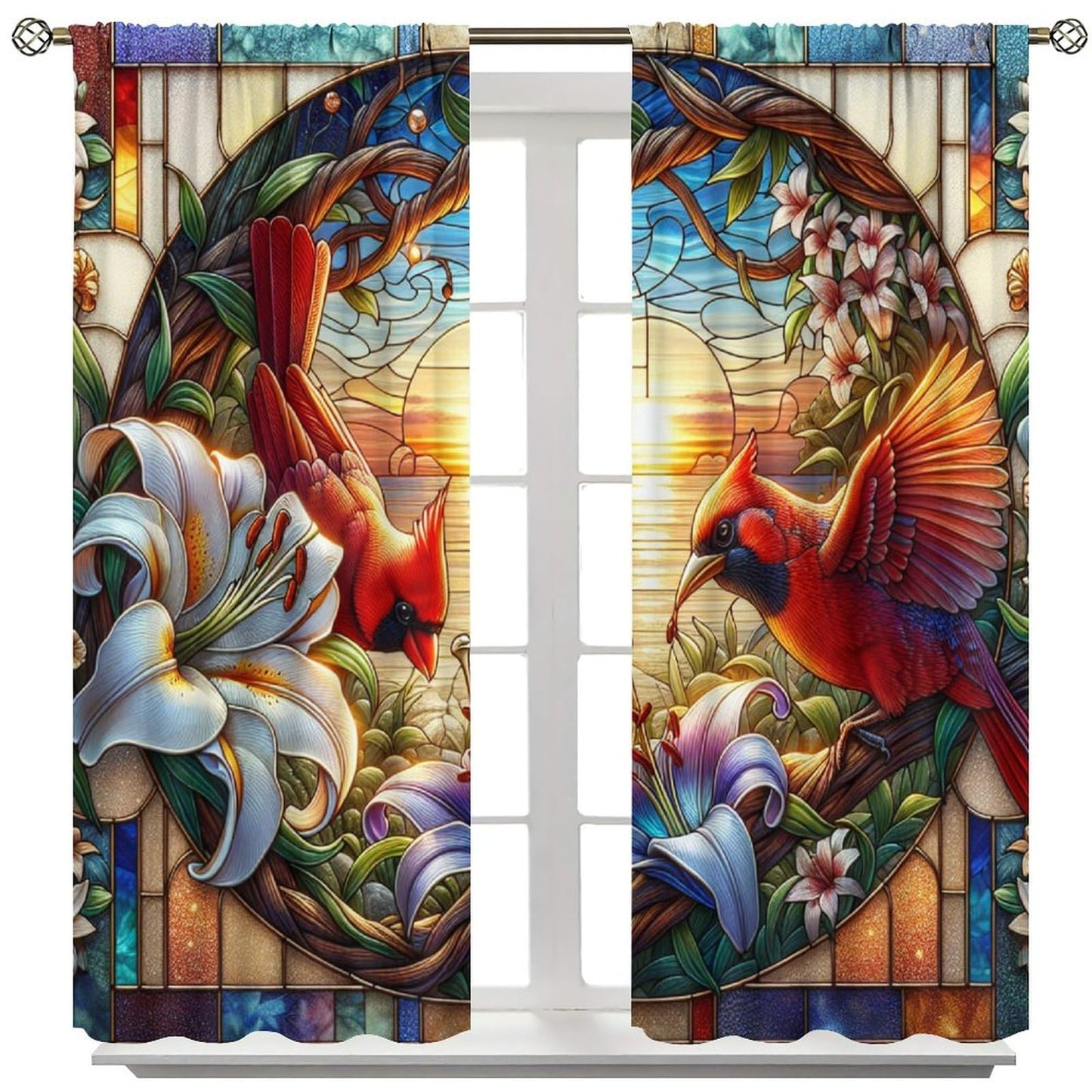 FengMingRui Stained Glass Cardinal Curtain Nature Scenery Floral Flowers Bird Abstract Geometry Window Treatments for Kids Boys Girls Bedroom Living Room Window Drapes 42" W X 45" L