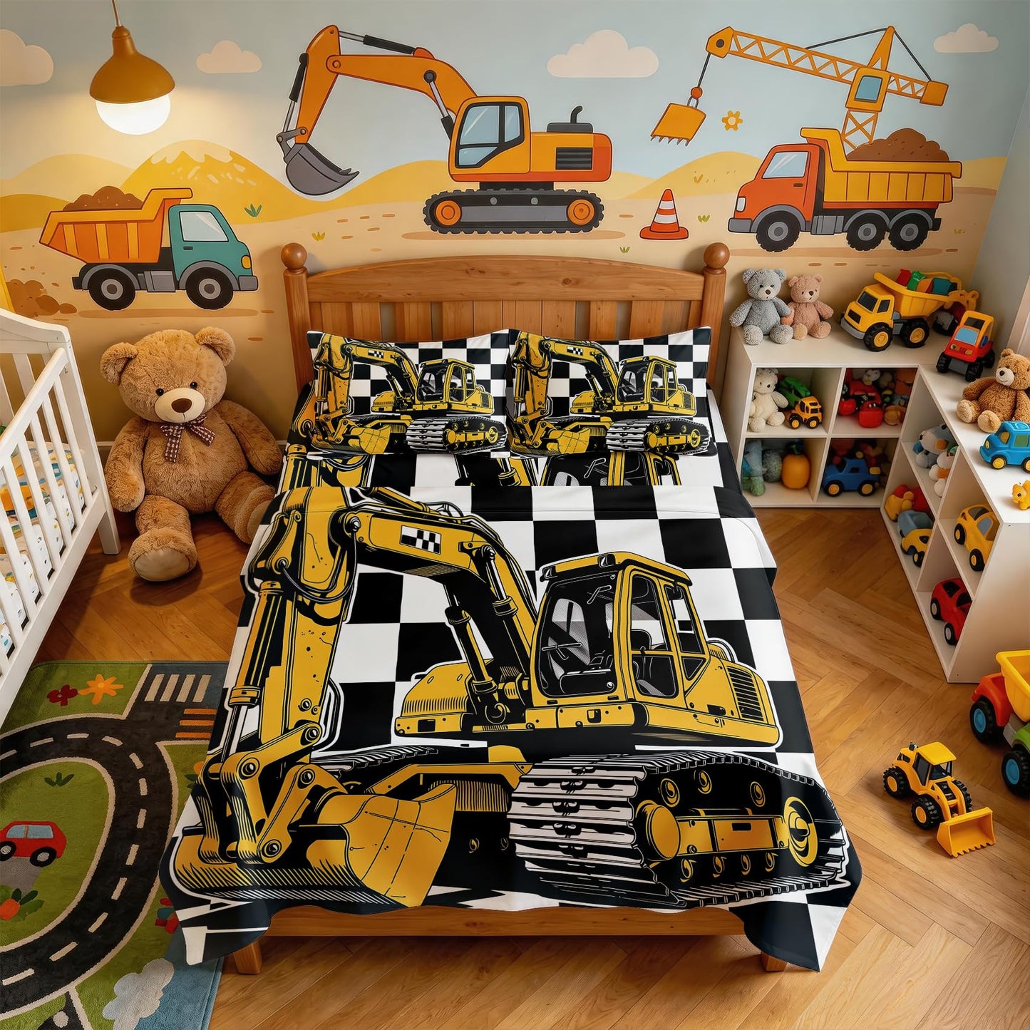 Excavator Bedding Set 4 Pcs Construction Vehicle Queen Sheets, White Orange