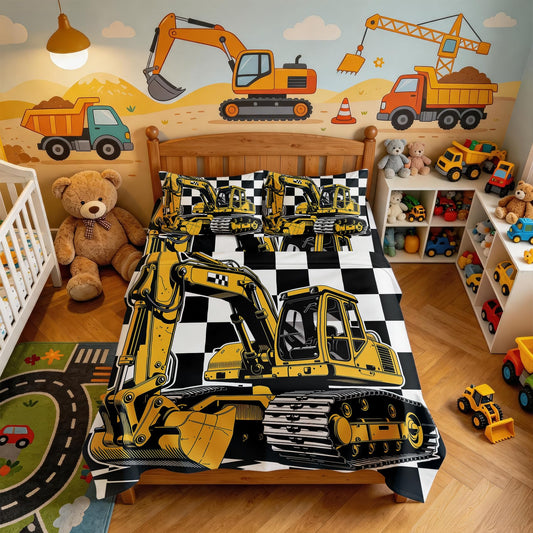 Excavator Bedding Set 4 Pcs Construction Vehicle Queen Sheets, White Orange