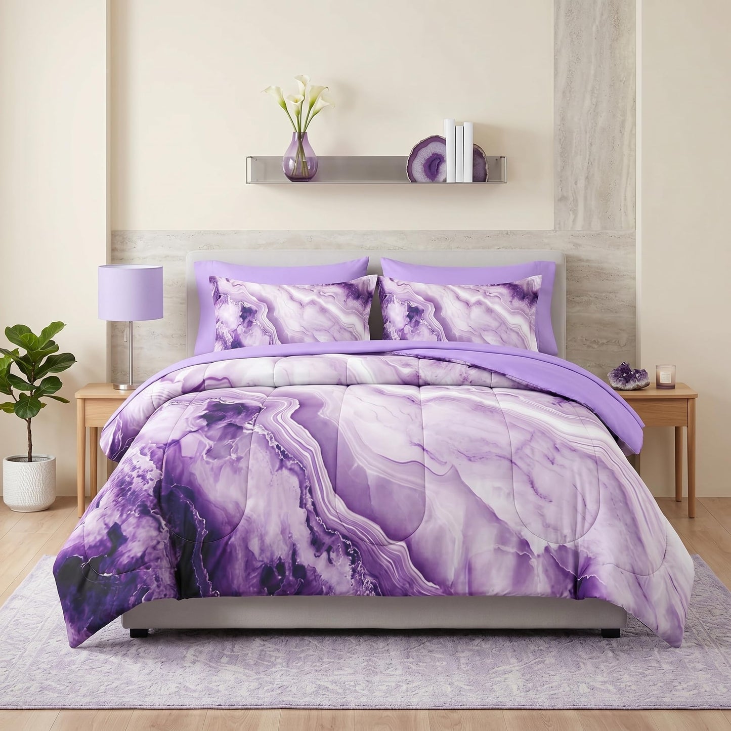 Pamnest Comforter Set Twin Size, Purple Marble Black Gold 5 Pcs Bedding for Kids and Adults, Blue Painting Pink Bed Sheet Sets with Fitted Sheet Pillowcase & Sham for Bedroom Bed Decor