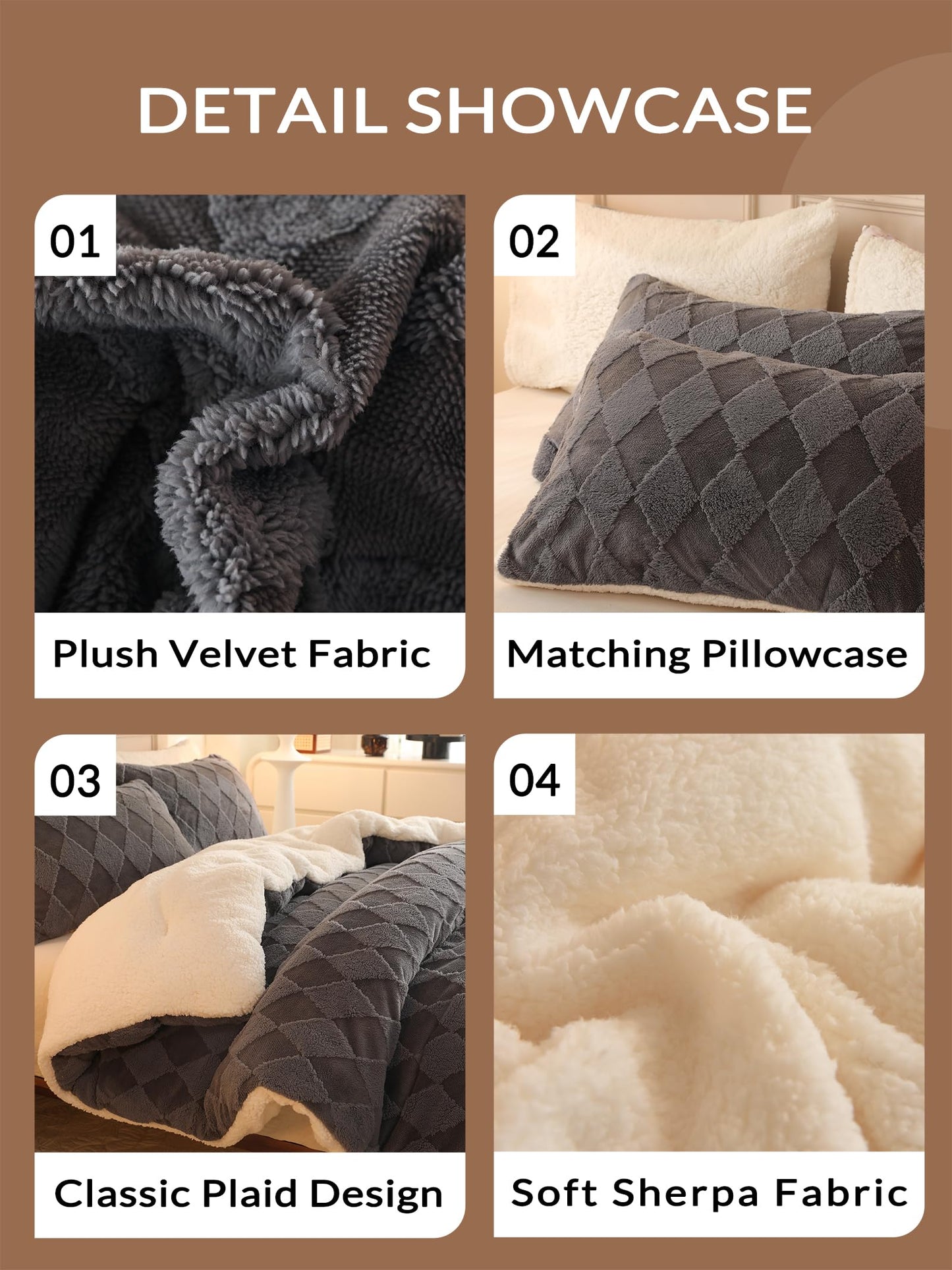 hadamick Tufted Fleece Comforter Set King - Super Soft Warm Fluffy Shaggy Bedding Sets, Diamond Plaid Jacquard Bed Set for Winter, 1 Sherpa Comforter with 2 Pillow Cases (104"X90" Grey)