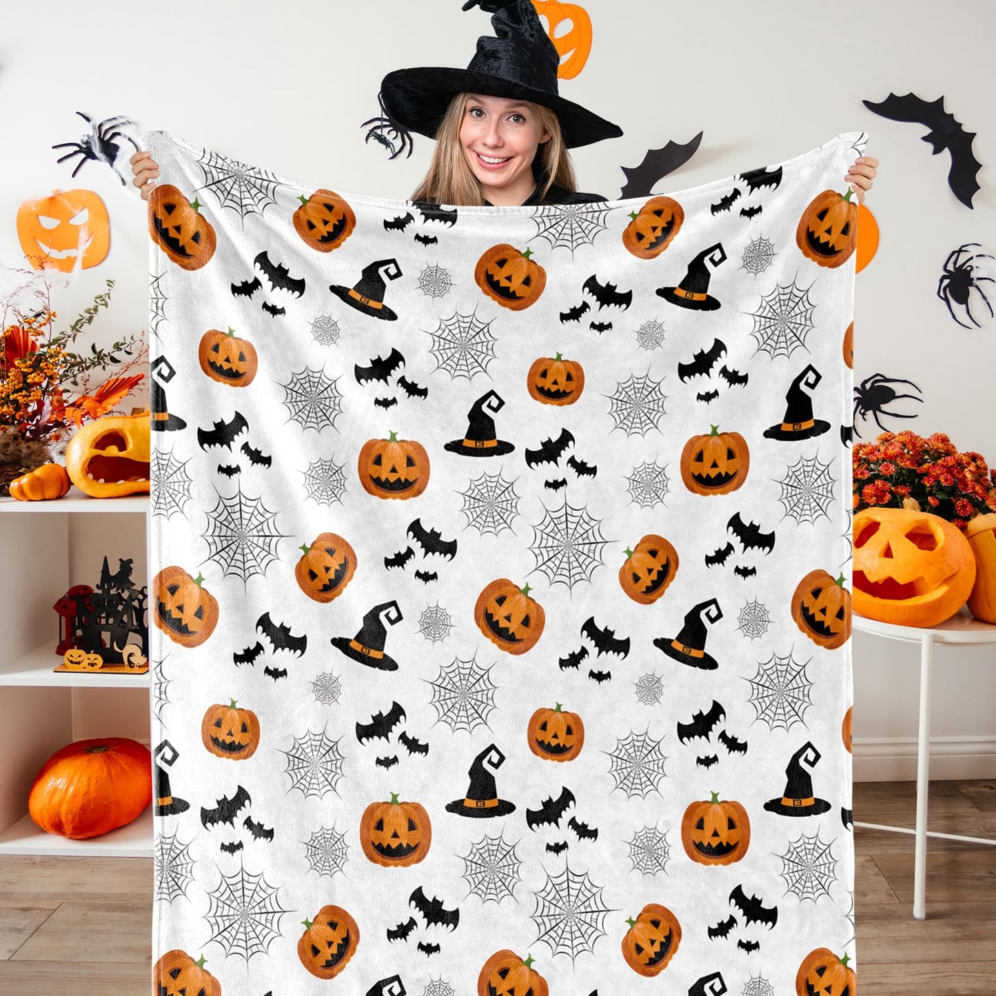 JarThenaAMCS Halloween Fuzzy Blanket Pumpkin Bat Spiderweb Witch Hat Cute Throw Blanket Halloween Soft Cozy Flannel Blankets for Home Party Bed Sofa Couch, 50 x 60 Inch