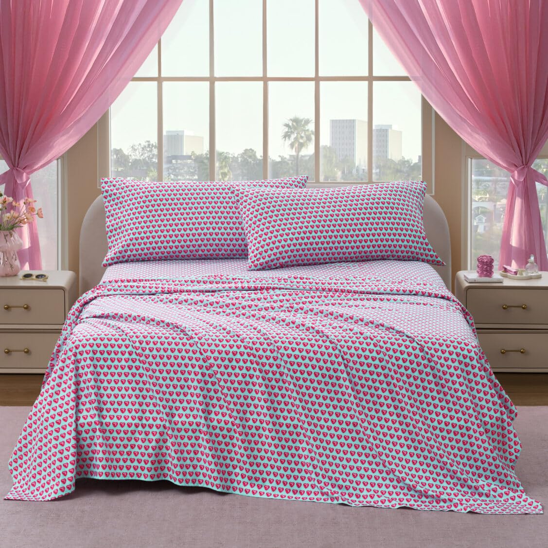 Paris Hilton King Size Sheets Set – 4 Piece Bed Sheets with Fitted Sheet, Flat Sheet, 2 Pillow Shams, Fits up to 16" Mattress Deep Pocket King Sheet Set for Women, Hearts, Blue/Pink