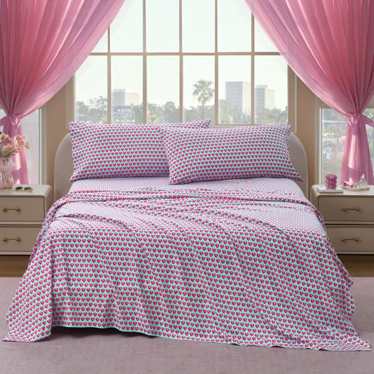 Paris Hilton King Size Sheets Set – 4 Piece Bed Sheets with Fitted Sheet, Flat Sheet, 2 Pillow Shams, Fits up to 16" Mattress Deep Pocket King Sheet Set for Women, Hearts, Blue/Pink