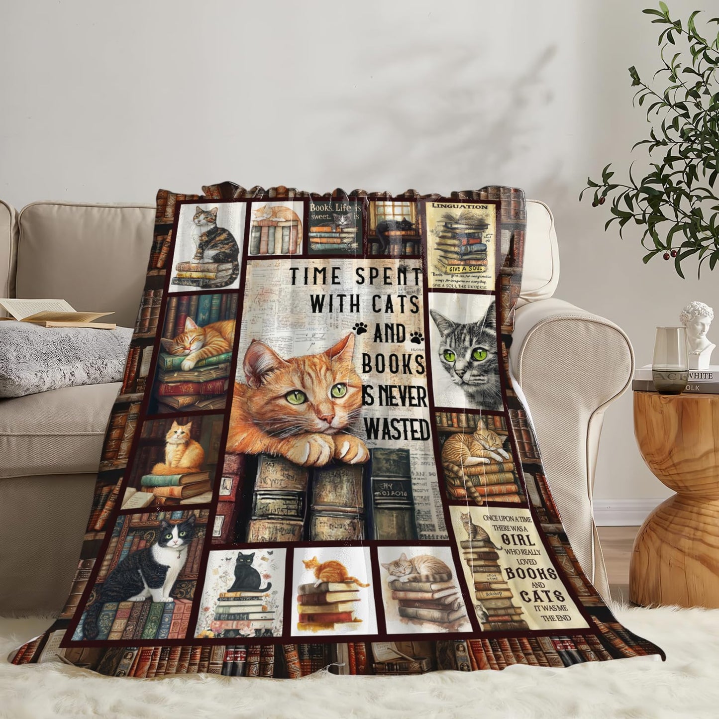 Dynova Cat Blanket Cozy Plush Book Throw Blankets Cozy Plush Cats Books Lovers Gifts Fuzzy Flannel Fleece for Women Men Girls Boys 50"X40"