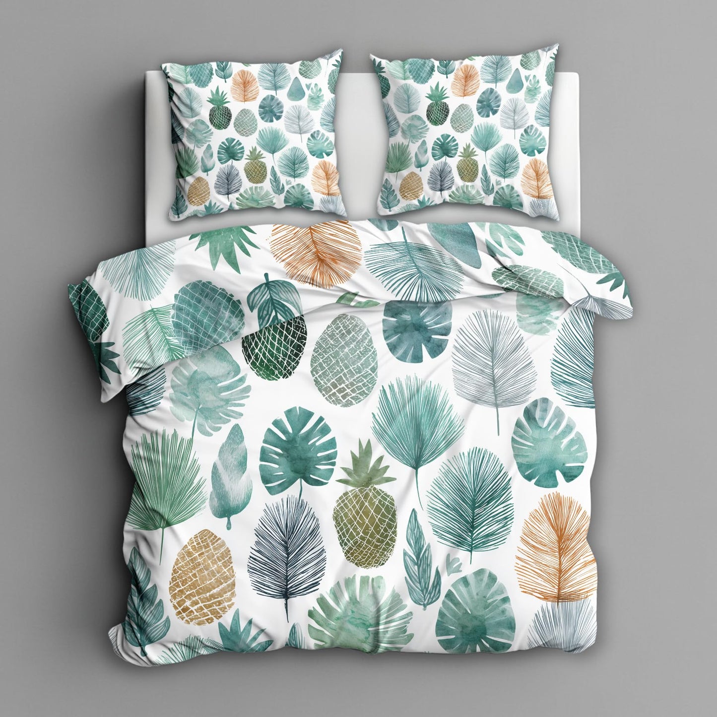 Monstera Palm Leaf Full Duvet Cover Set 3 Piece, Watercolor Tropical Leaves Reversible Bedding with 2 Pillow Shams, Zipper & Ties, Ultra Soft Microfiber, Leaf Bedroom Decorations 44A-K