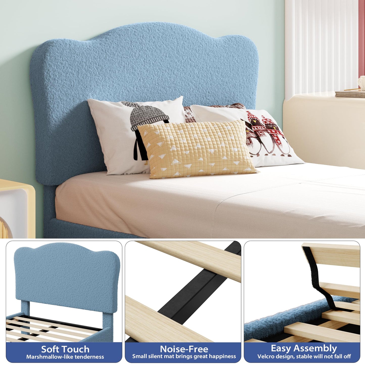 GarveeHome Upholstered Full Size Bed Frame for Kids with Scallop Headboard, Cute Velvet Full Bed for Girls, Boys, Sturdy Platform Bed, No Box Spring Needed, Wooden Slats, Noise Free, Blue