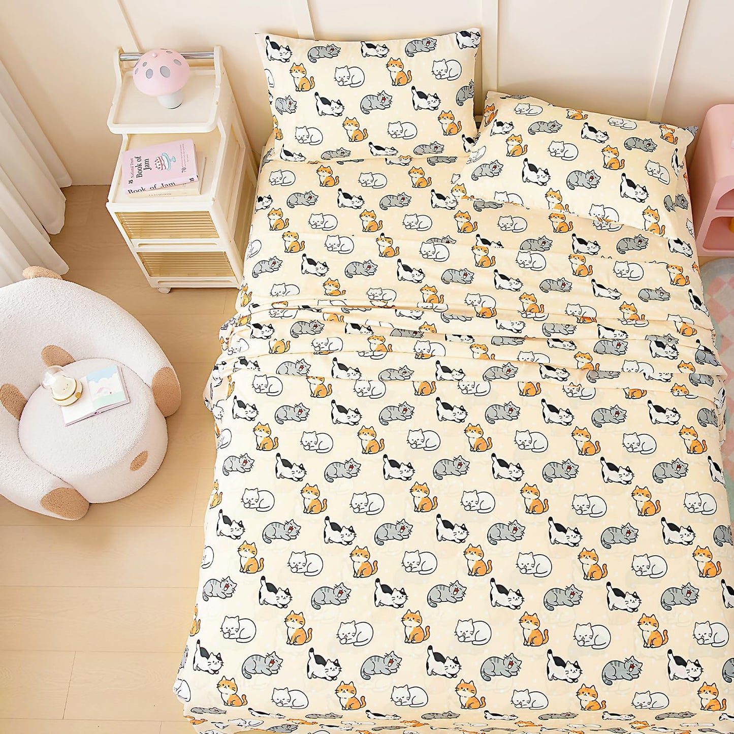 MICORAL Kids Twin Sheet Set, 3 Pieces Sheets for Boys & Girls, Soft Printed Microfiber Bed Sheets, Deep Pocket Cozy Toddler Bedding Set, Beige Cats