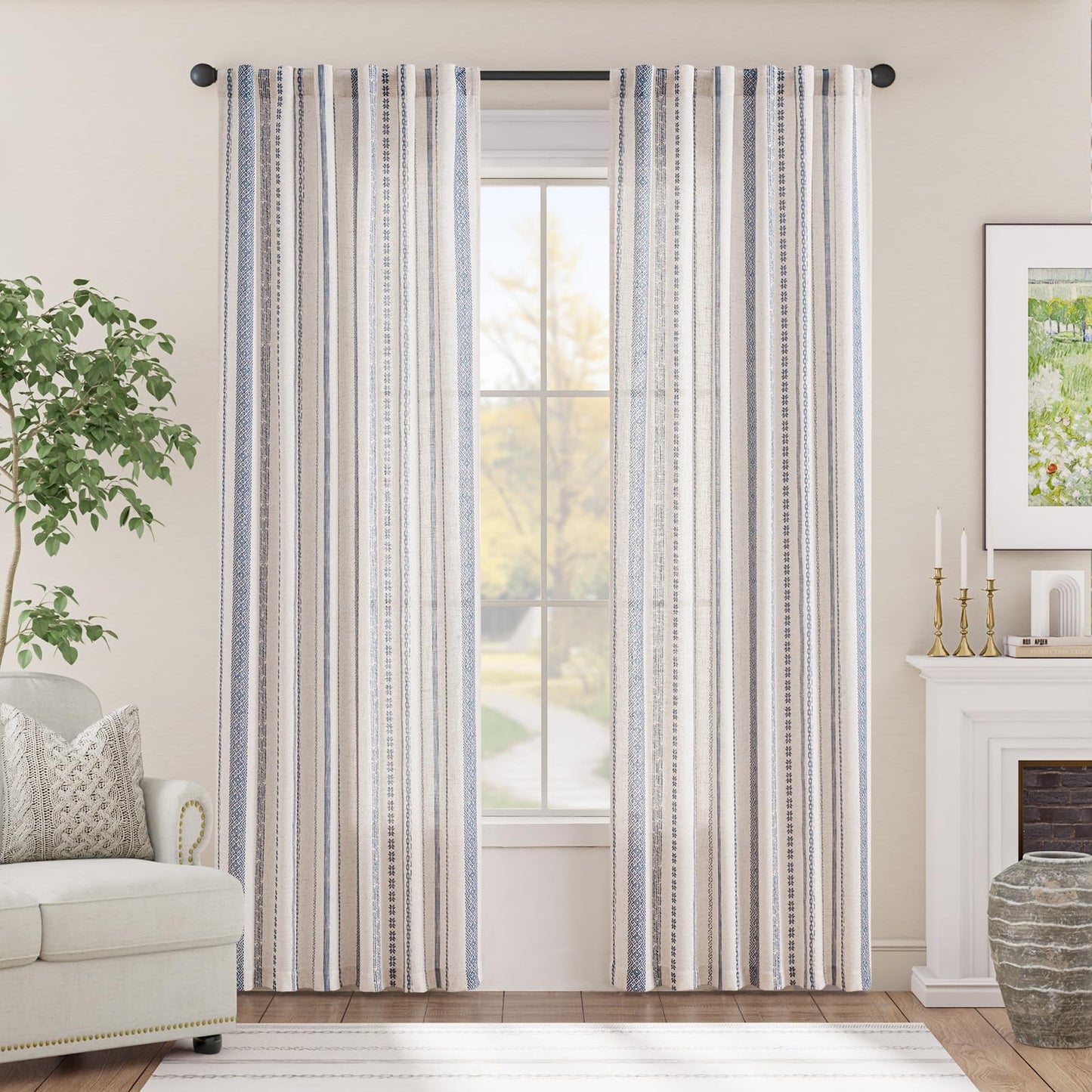 jinchan Linen Blend Boho Curtains for Living Room, 84 Inch Long Blue Printed on Beige Retro Farmhouse Bohemian Geometric Striped Drapes, Light Filtering Back Tab Curtains 2 Panels