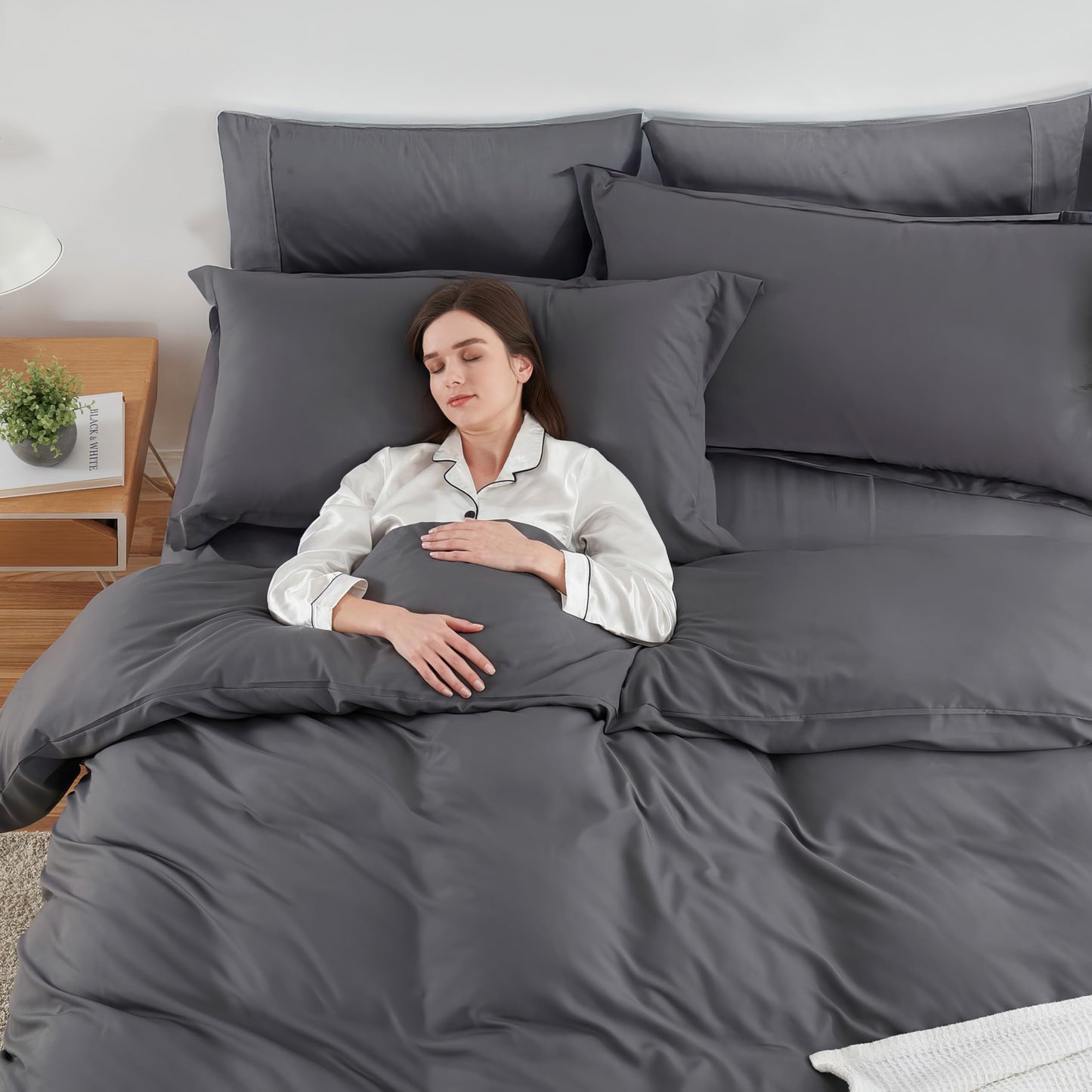 Hearth & Harbor Queen Size Duvet Cover & Bed Sheet Set Dark Grey, 7 Piece Soft Double Brushed Bedding Set, Includes Duvet Cover, Flat Sheet, Fitted Sheet, Pillowcases and Pillow Shams