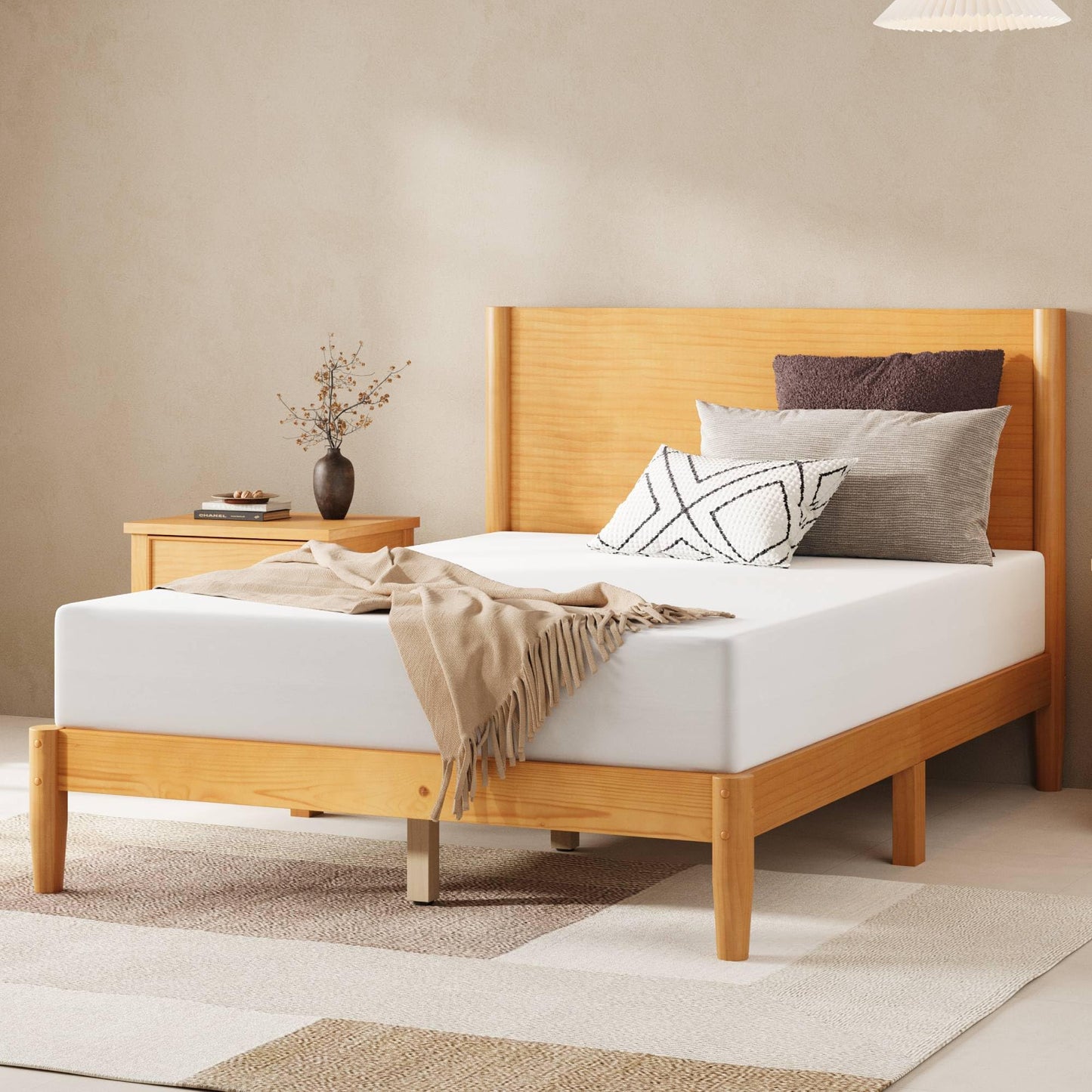 AMERLIFE Solid Wood Full Size Bed Frame, Mid Century Modern Platform Bed with Full Panel Headboard, Noise-Free & Cylindrical Legs, No Box Spring Needed, Under-Bed Storage, Natural Wood