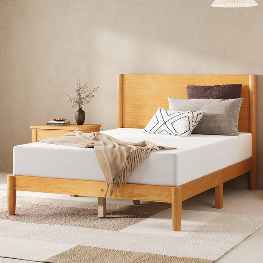 AMERLIFE Solid Wood Full Size Bed Frame, Mid Century Modern Platform Bed with Full Panel Headboard, Noise-Free & Cylindrical Legs, No Box Spring Needed, Under-Bed Storage, Natural Wood