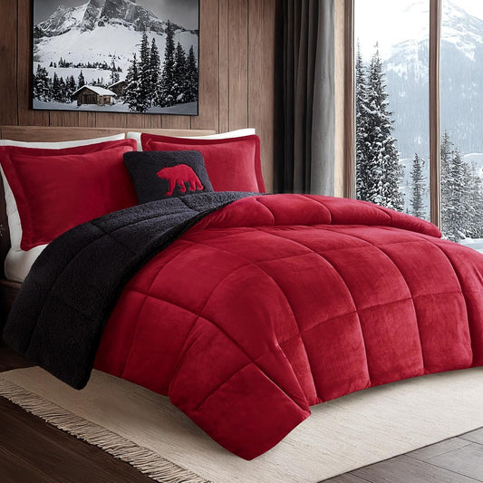 Woolrich Reversible Comforter Set Ultra Soft Plush to Sherpa, Down Alternative, Cold Weather Winter Warm Bedding, with Matching Sham, Decorative Pillow Red/Black Full/Queen 4 Piece