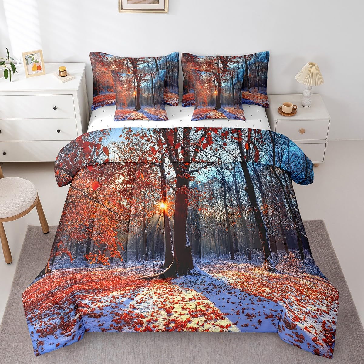 jejeloiu Maple Comforter Set 7 Pieces Full Size Kids Maple Tree Winter Bed in a Bag for Boys Girls Nature Bedding Set Snow,Comforter + Sheets + Pillowcases + Cushion Covers
