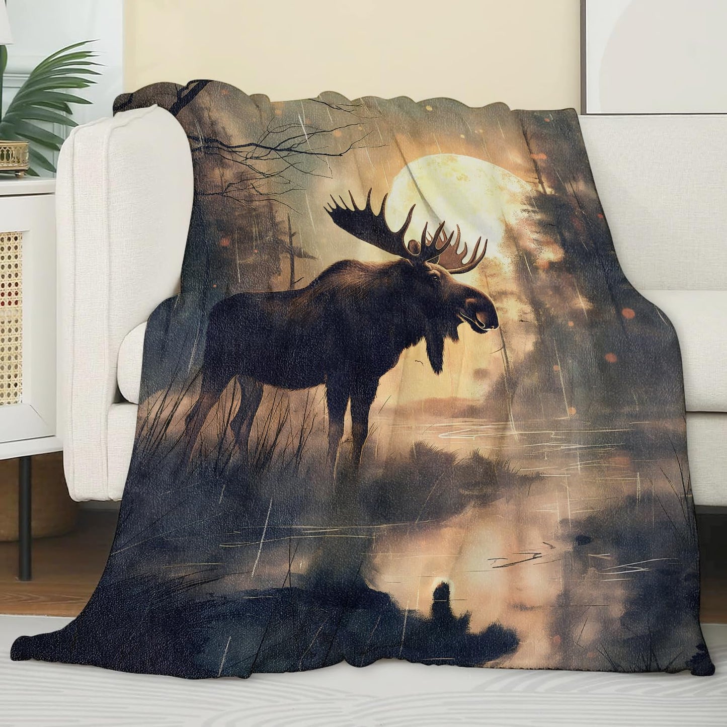 Zeleda Moose Blanket,Gifts for Nature Lovers,Lightweight Flannel Throw Blankets,Majestic Wildlife in Mystical Forest Throws Home Decor,for Couch Living Room Office,60x50inch