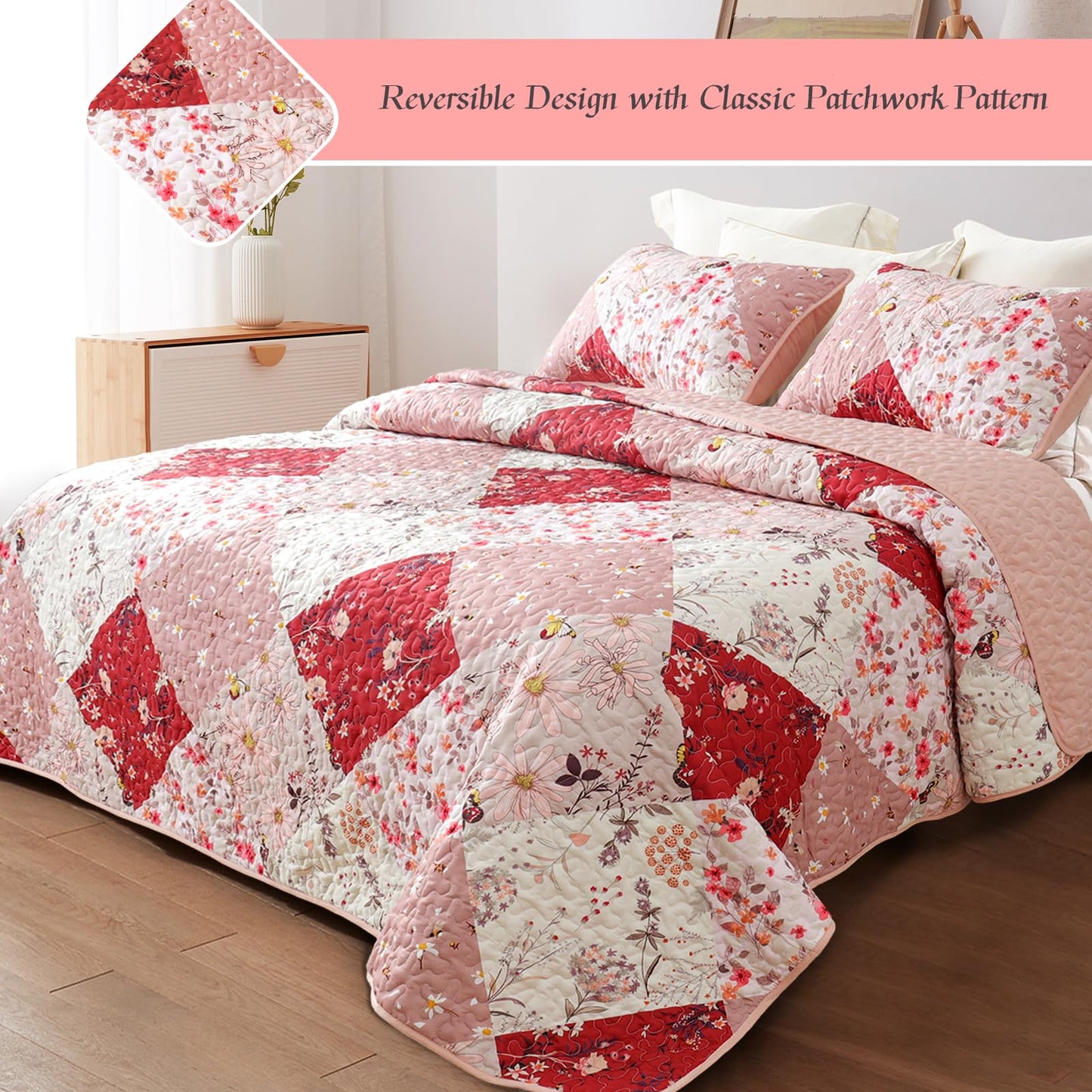 Whale Flotilla Patchwork Quilt King Size, Extra Soft Boho Floral Bedspreads for Bed Reversible Lightweight King Quilt Bedding Set Printed Coverlets with 2 Pillow Shams for All Seasons, Red