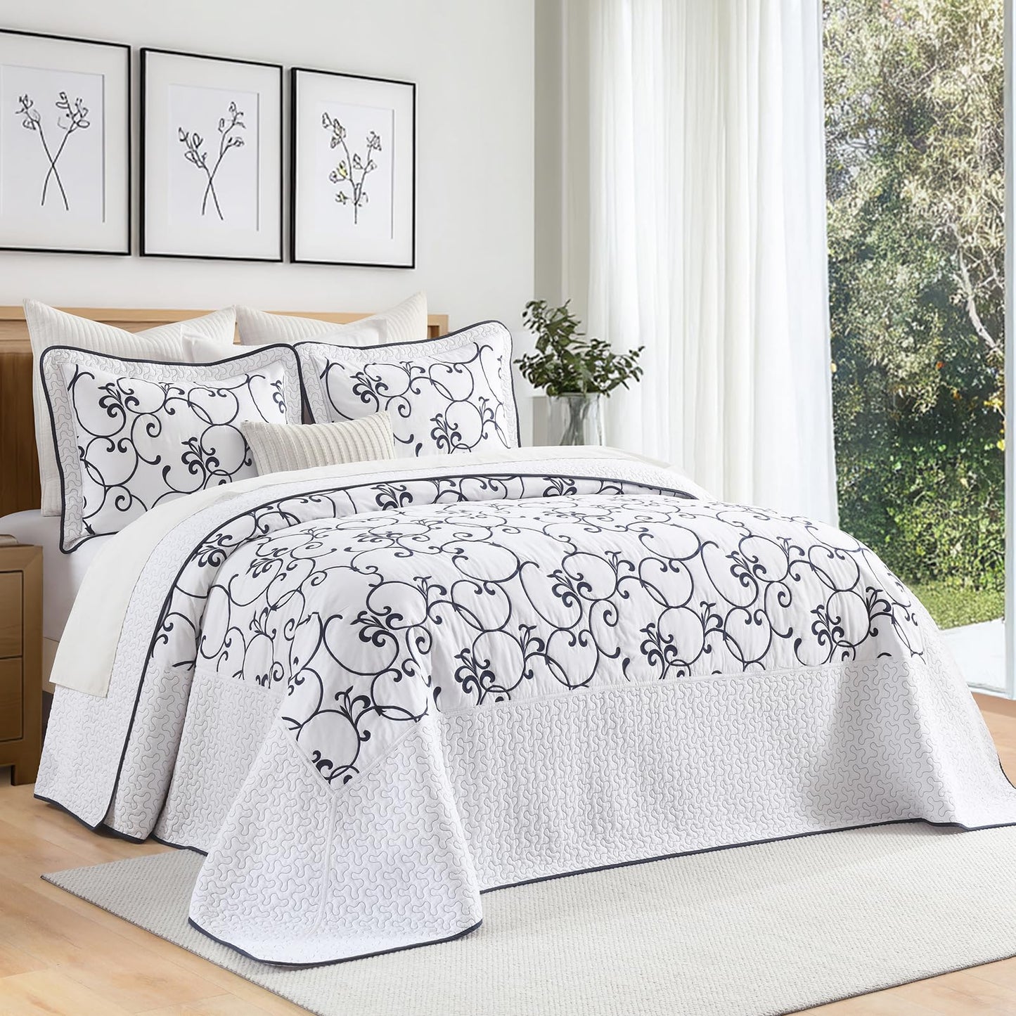 FineStichery Oversized King Bedspread 128"x120" - 100% Cotton California King Quilt, Embroidered Bedspread Coverlet with Pillow Shams, Lightweight Quilted Bedding Set 3 Piece, Navy Blue/White