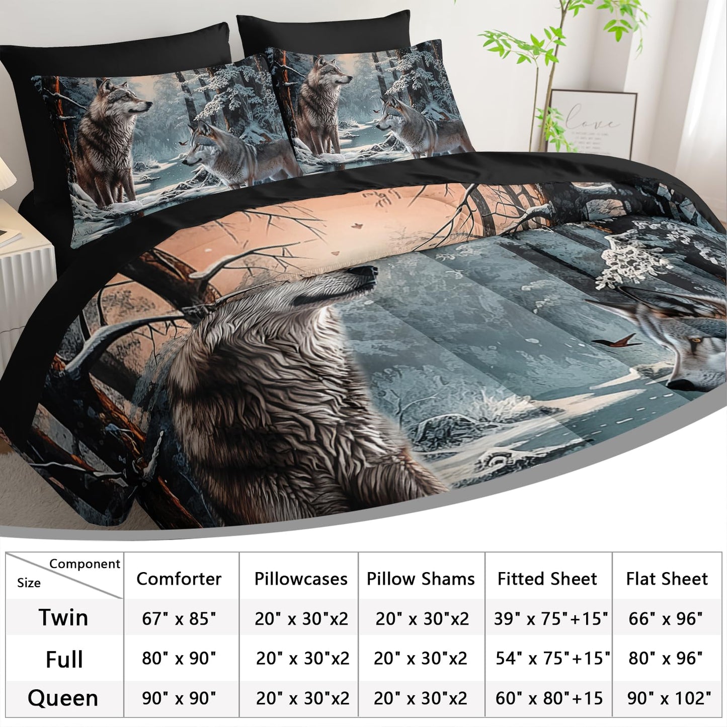 AILONEN Snow Wolf Comforter Set - 7Pcs Soft Kids Boys Bed in a Bag - Queen Size Comforter,Fitted Sheet,Flat Sheet,2 Pillowcases,2 Pillow Shams - Winter Wildlife Room Decor