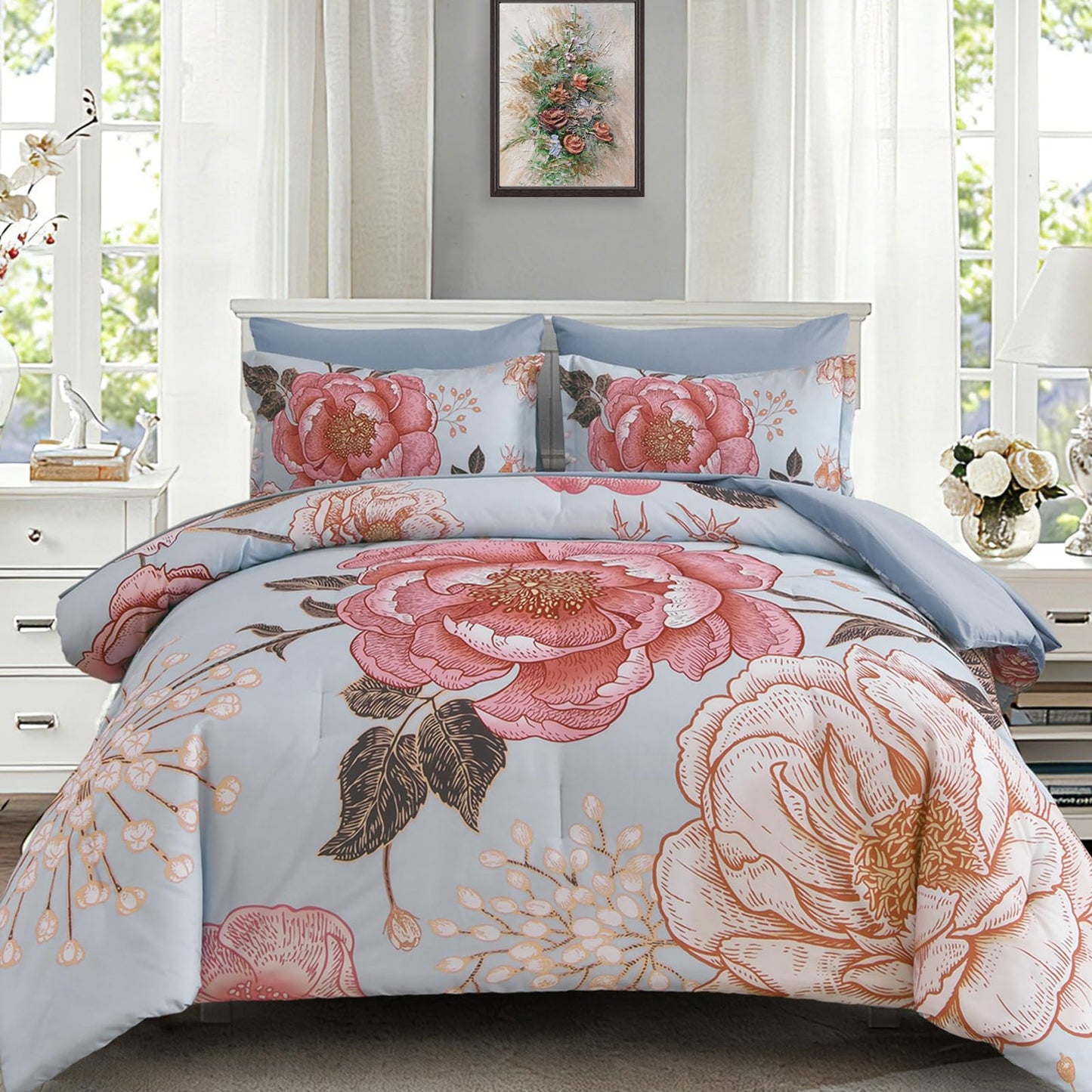 Luxudecor Blue Pink Floral Queen Comforter Set 7 Pieces Bed in a Bag,Pink Flower Print on Blue Bedding Set,Soft Reversible Comforter with Sheets 90"x90"