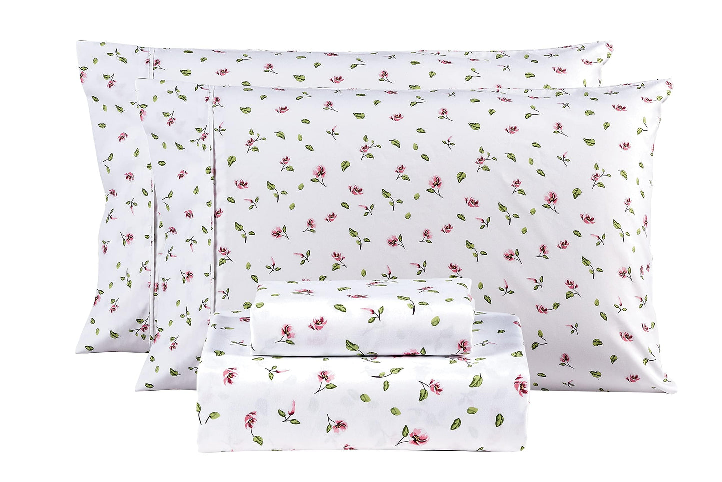 Mooreeke Full Sheets Set - 4 Pieces Soft Breathable Microfiber Bed Sheet Set - Pink Flower Green Leaf Pattern Sheet Set - Deep Pocket Non-Slip Floral Printed Fitted Sheet Included for All Season