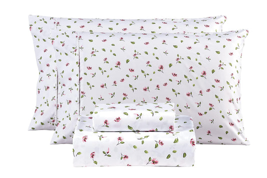 Mooreeke Full Sheets Set - 4 Pieces Soft Breathable Microfiber Bed Sheet Set - Pink Flower Green Leaf Pattern Sheet Set - Deep Pocket Non-Slip Floral Printed Fitted Sheet Included for All Season