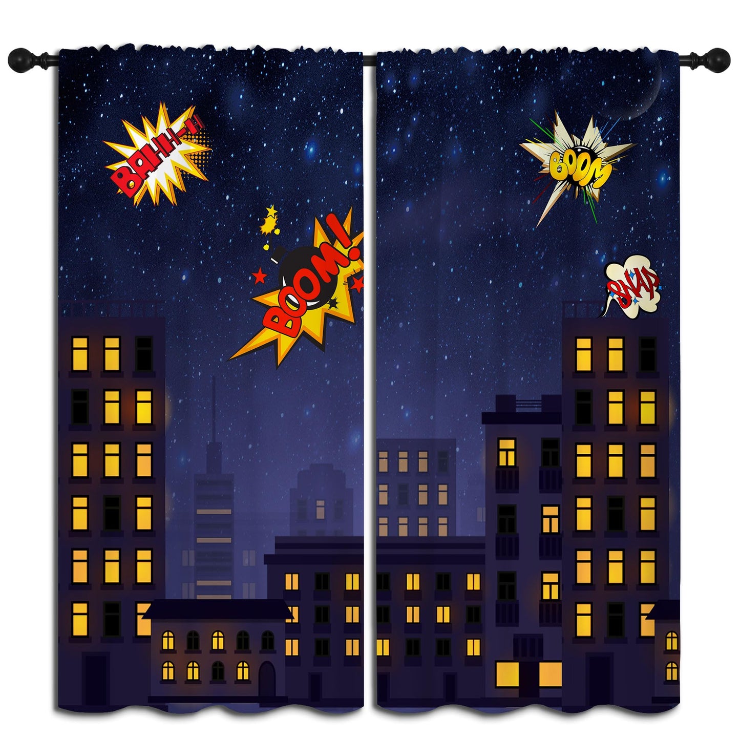 PYMATYTN Super Hero Rod Pocket Blackout Curtains for Boy Girl Bedroom, Exploding City Starry Cartoon Skyline Thermal Insulated Home Window Drapes for Living Room Darkening, 42x45 inch
