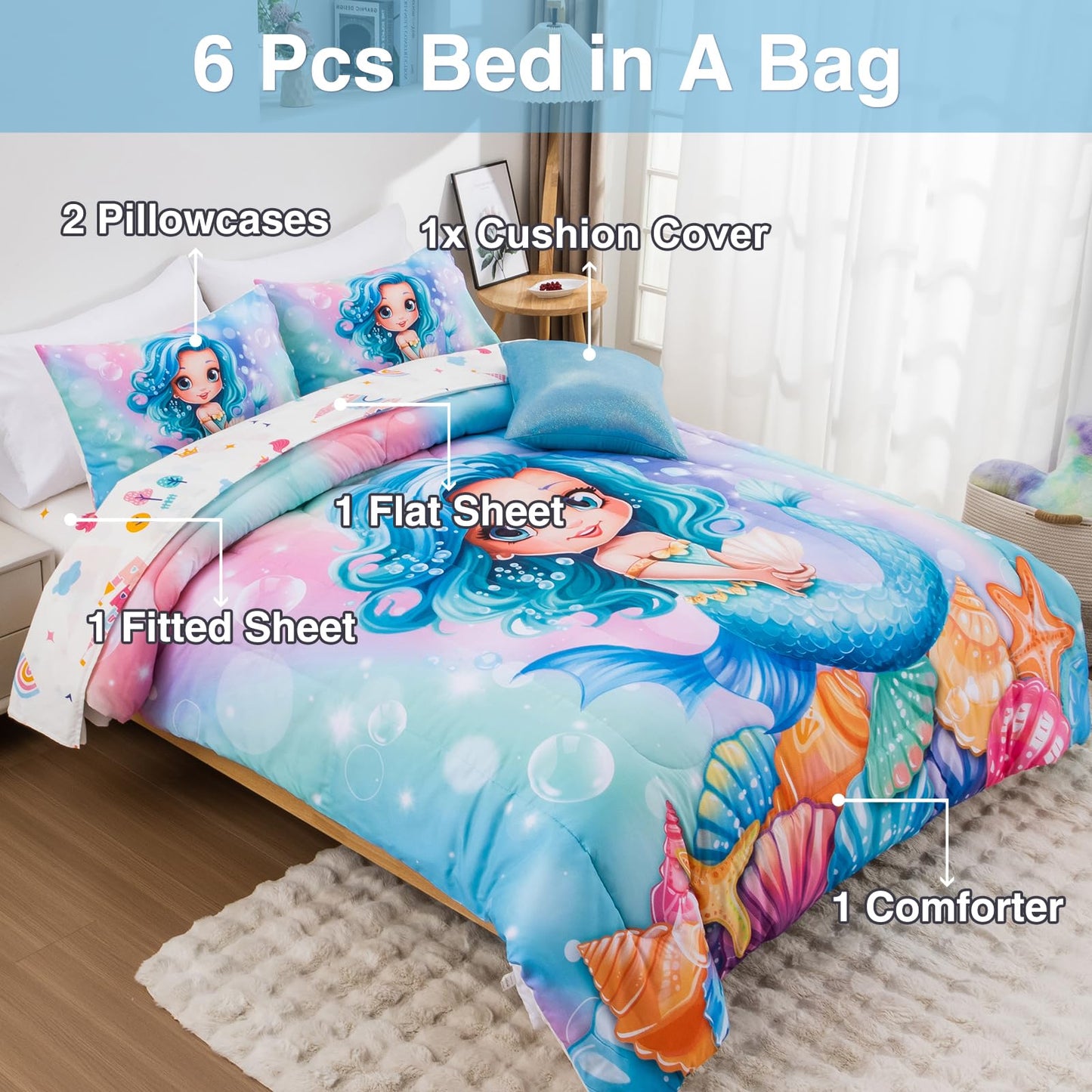 A Nice Night Mermaid Comforter Set Twin 6-Piece Bedding for Girls 3-15 Years, Soft Polyester All-Season Bed in a Bag, Princess Theme Twin Bed Quilt
