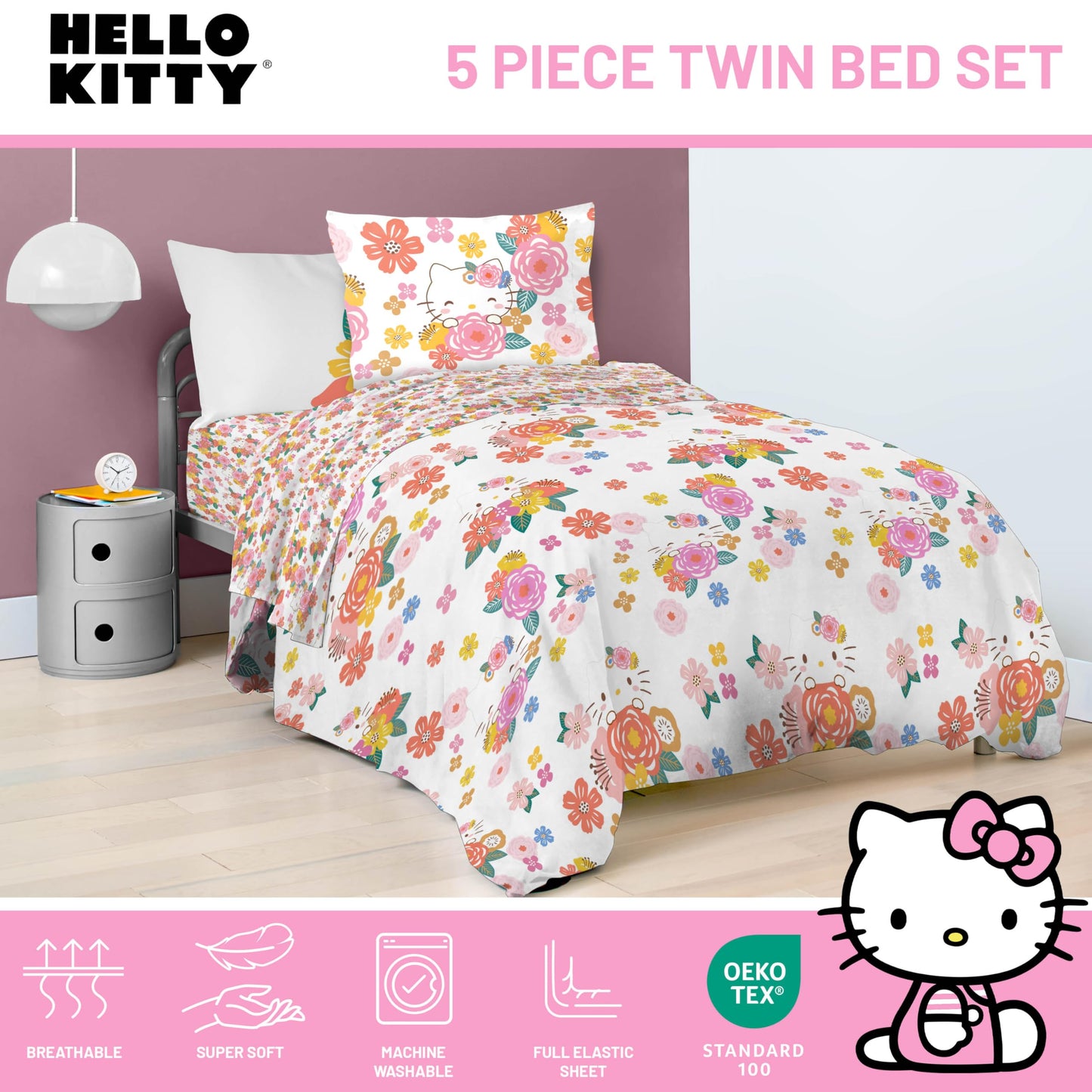 Jay Franco Hello Kitty Twin Size Comforter Set - 7 Piece Bedding Includes Sheet Set & Pillow Covers - Super Soft Floral Bedding