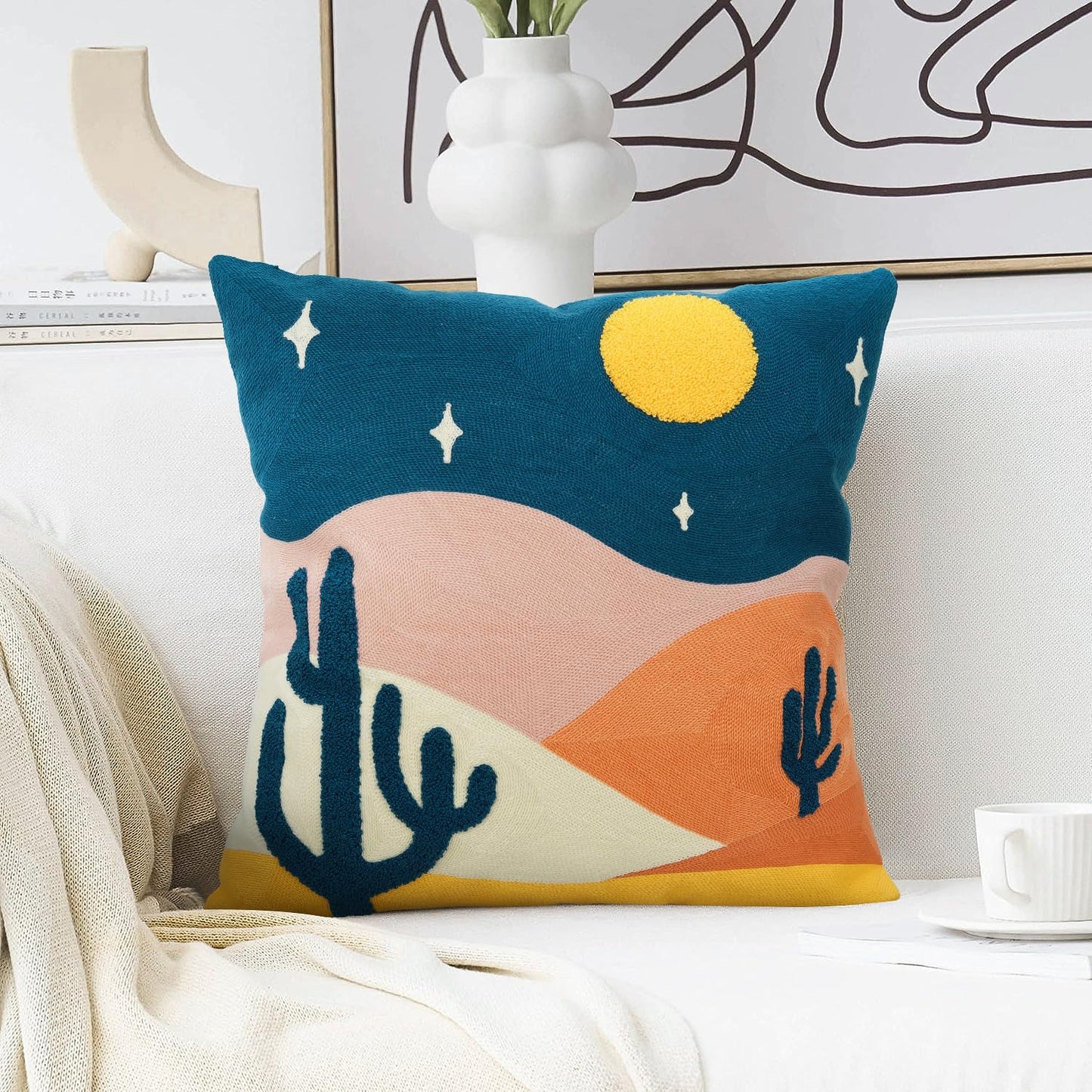 JASEN Abstract Boho Pillow Covers 18x18,Soft Mid Century Geometric Cactus Decorative Throw Pillows for Couch Bed Sofa Bedroom（Only 1 Pillow Cover） (Cactus, 18" x 18")