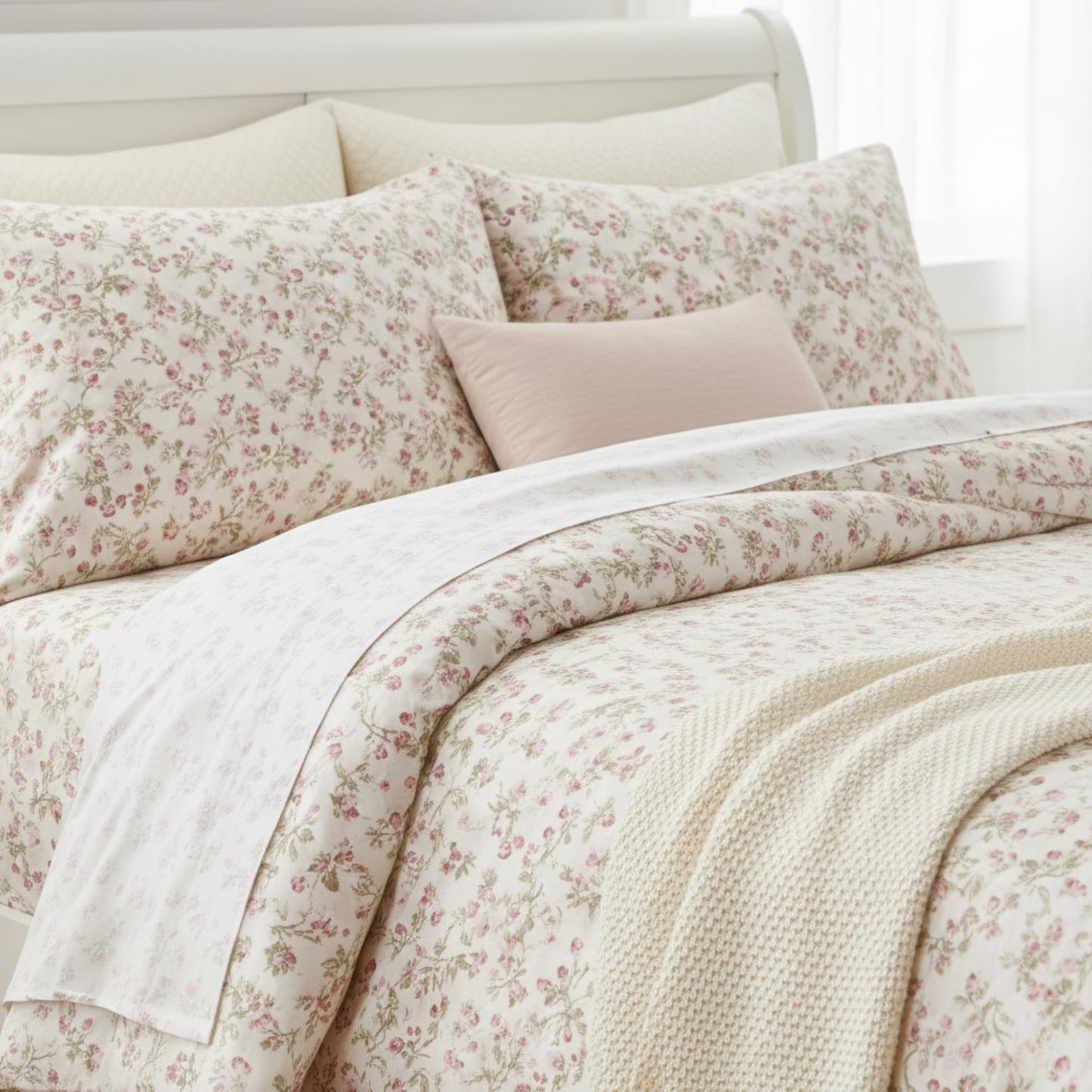 DaDa Bedding Romantic Coquette Sheet Set - 100% Cotton Floral Fitted & Flat Sheets with Pillowcases - Deep Pocket Design - Soft, Breathable, Wrinkle-Resistant (Queen (U.S. Standard))